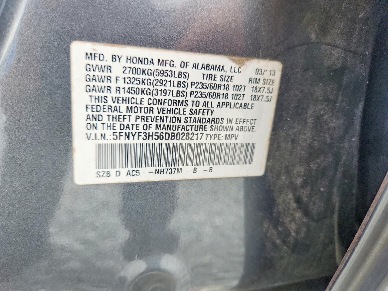 2013 Honda Pilot Exl Серый vin: 5FNYF3H56DB028217