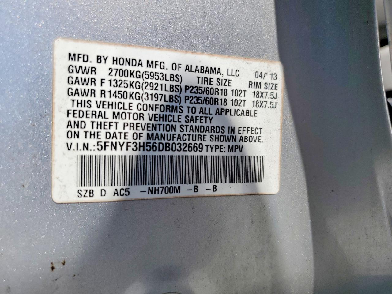2013 Honda Pilot Exl Silver vin: 5FNYF3H56DB032669