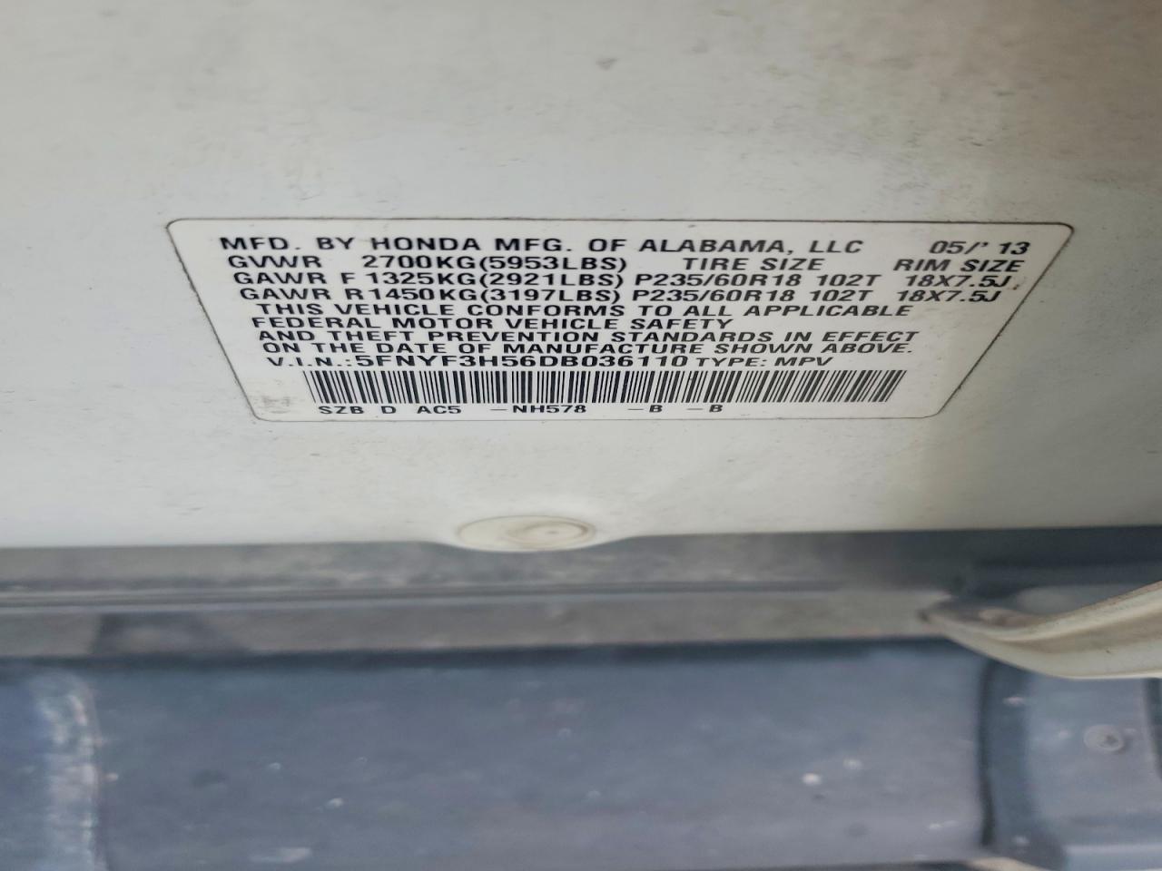2013 Honda Pilot Exl Белый vin: 5FNYF3H56DB036110