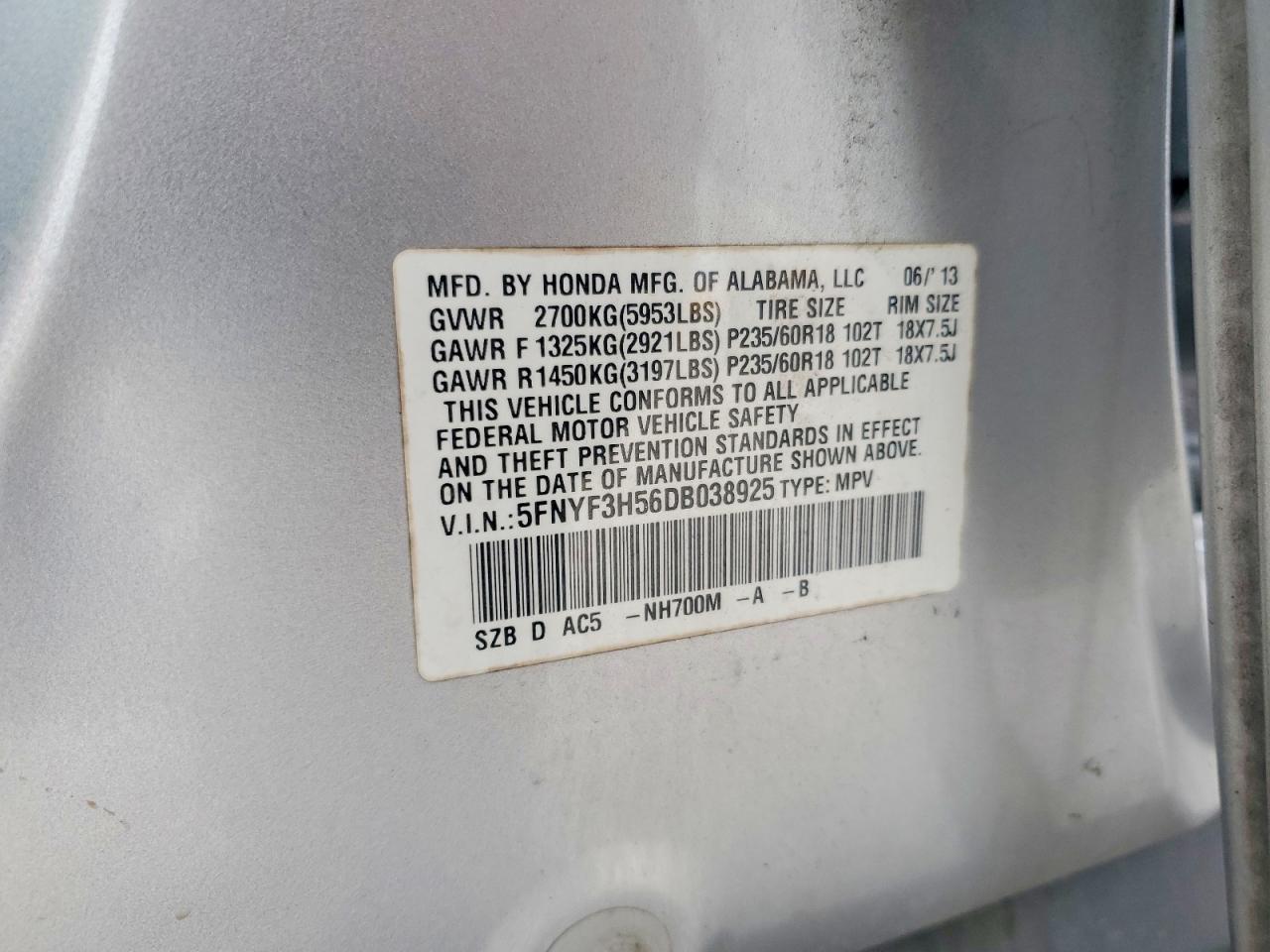 2013 Honda Pilot Exl Silver vin: 5FNYF3H56DB038925