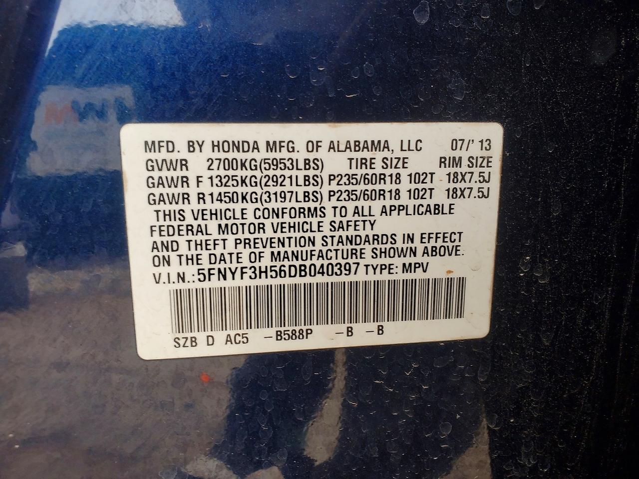 2013 Honda Pilot Blue vin: 5FNYF3H56DB040397