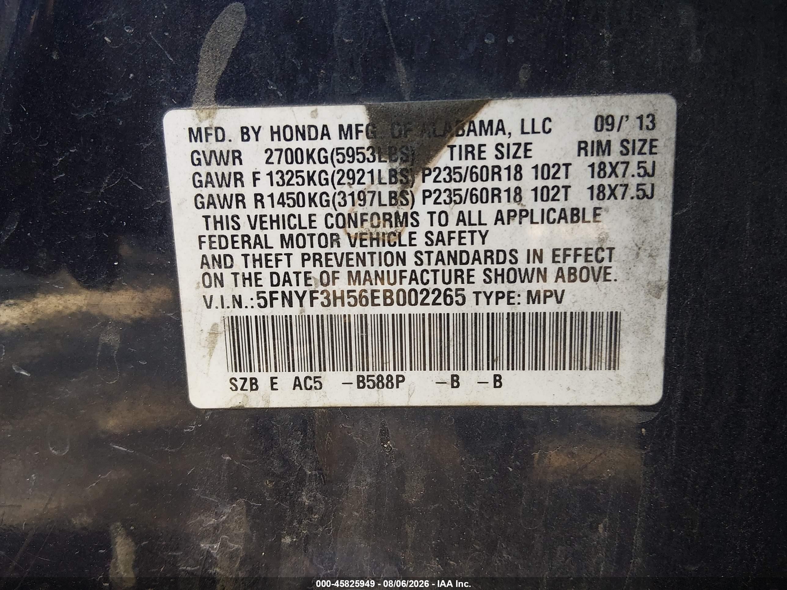 2014 Honda Pilot Ex-l Black vin: 5FNYF3H56EB002265