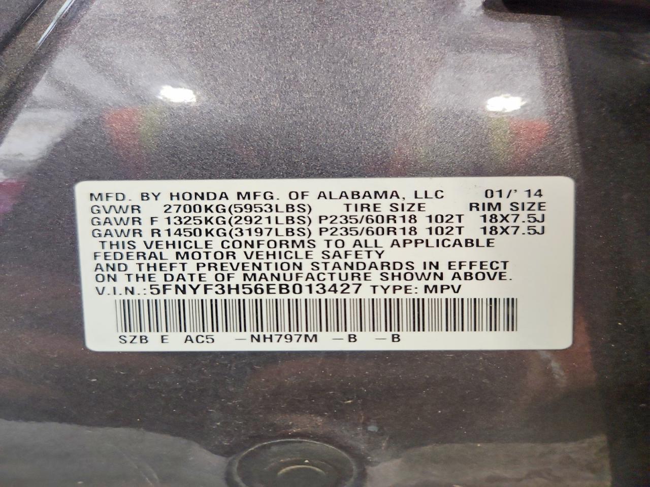 2014 Honda Pilot Exl Серый vin: 5FNYF3H56EB013427