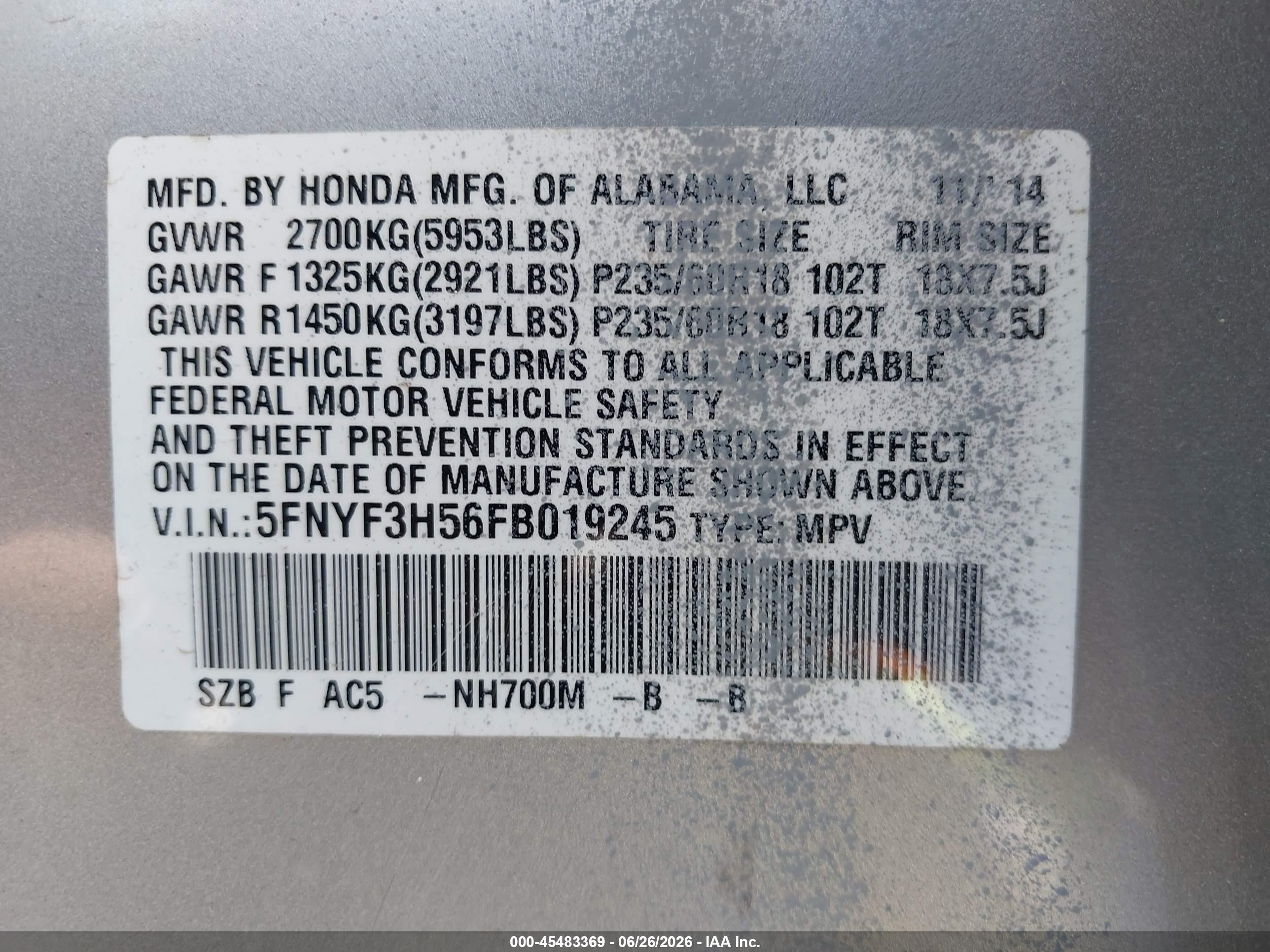 2015 Honda Pilot Ex-l Silver vin: 5FNYF3H56FB019245