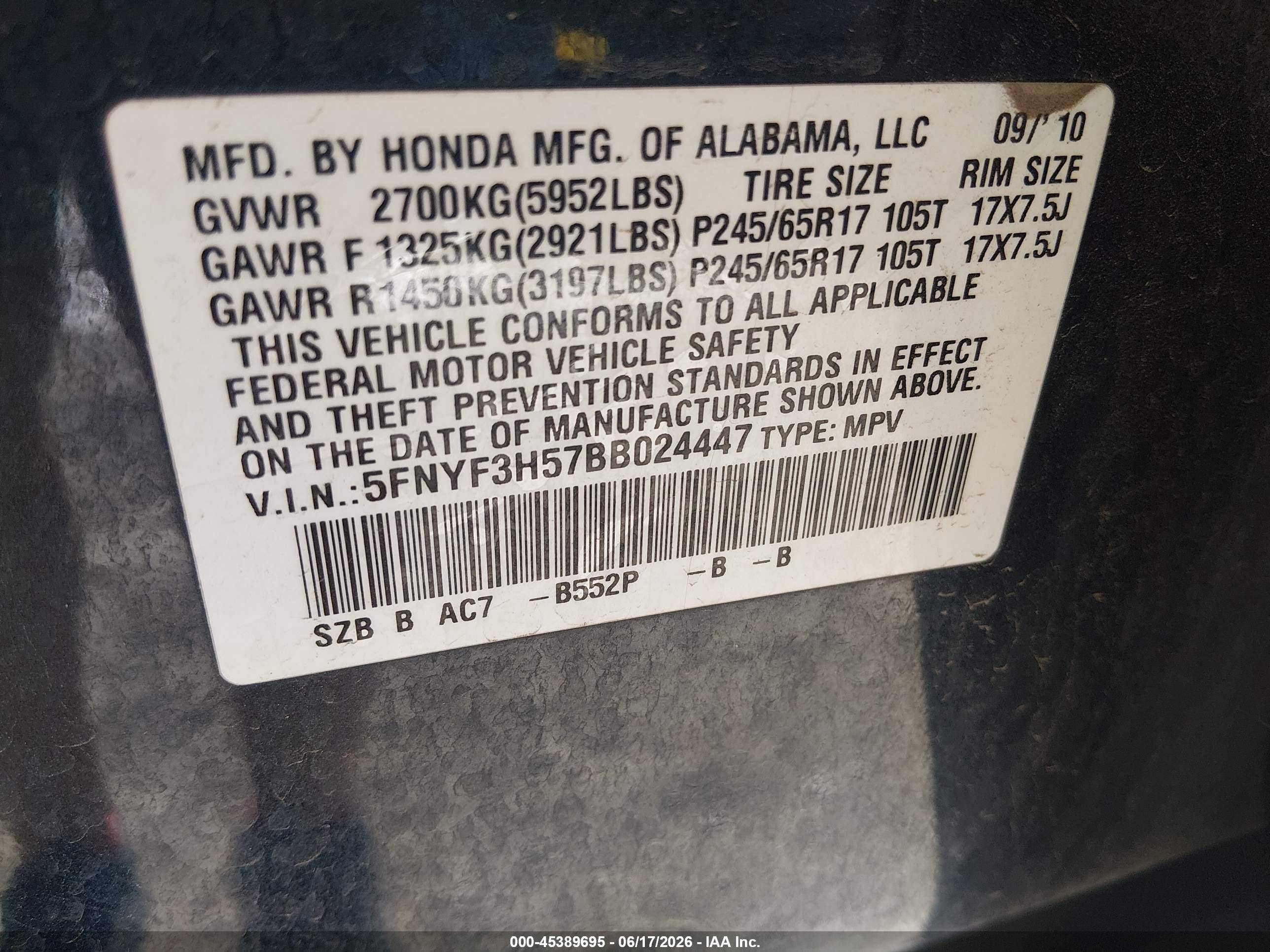 2011 Honda Pilot Ex-l Blue vin: 5FNYF3H57BB024447