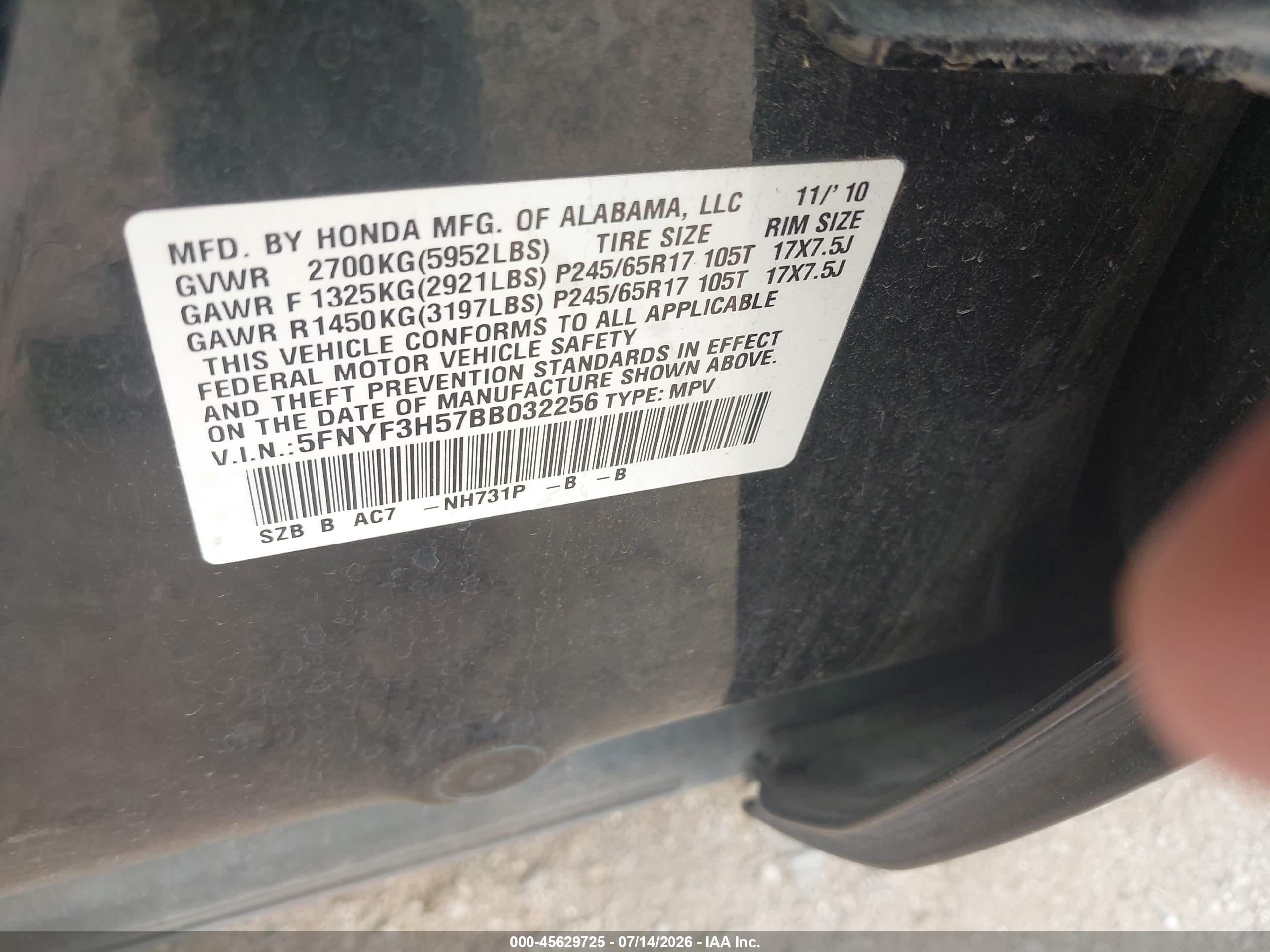 2011 Honda Pilot Ex-l Gray vin: 5FNYF3H57BB032256