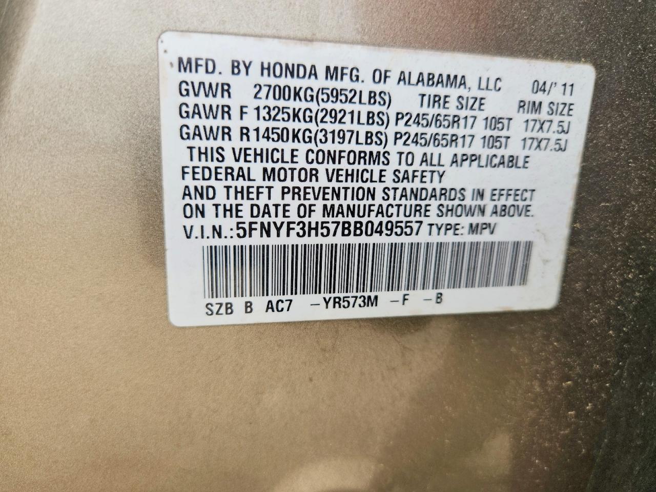 2011 Honda Pilot Exl Gold vin: 5FNYF3H57BB049557