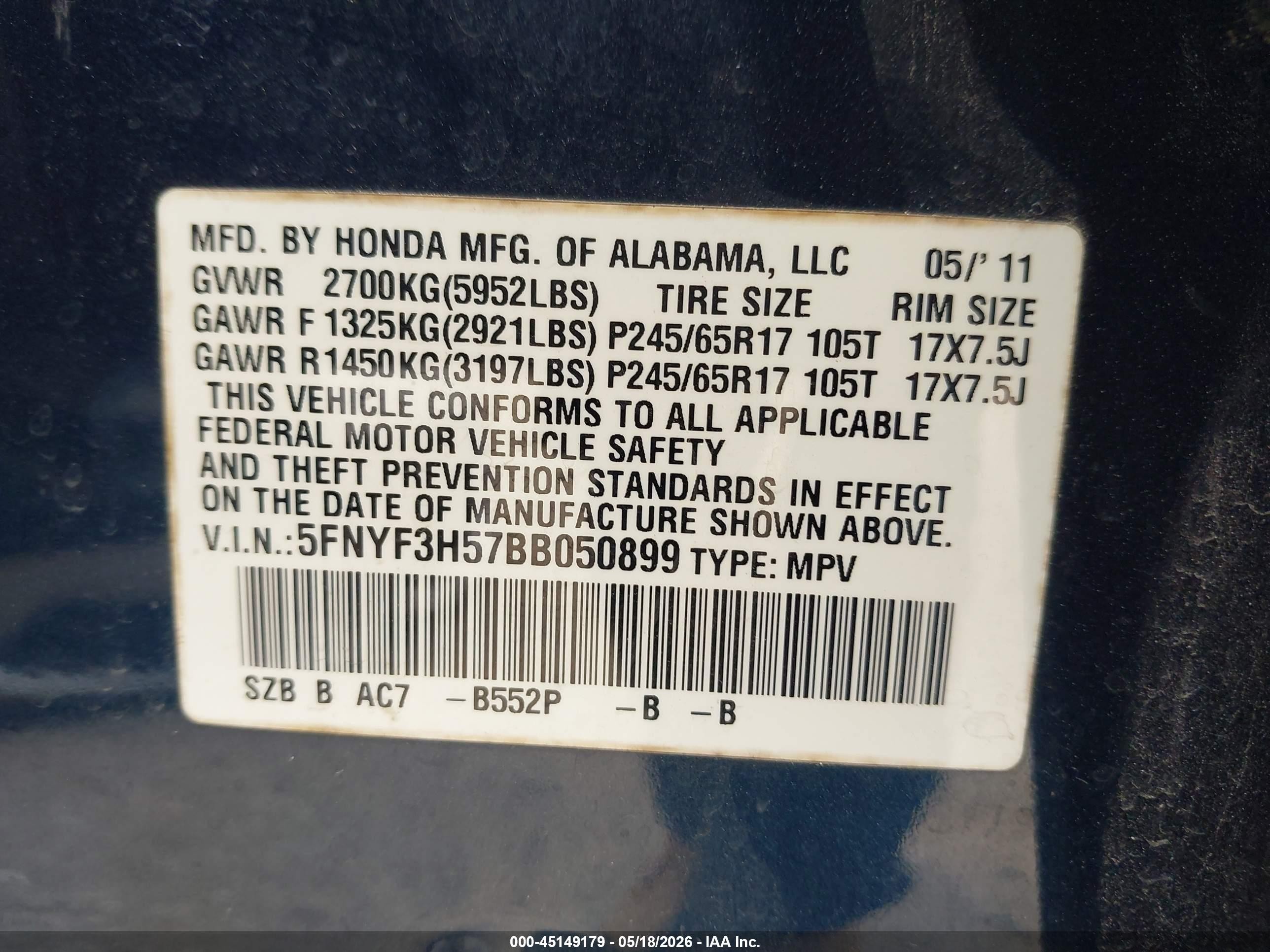 2011 Honda Pilot Ex-l Blue vin: 5FNYF3H57BB050899