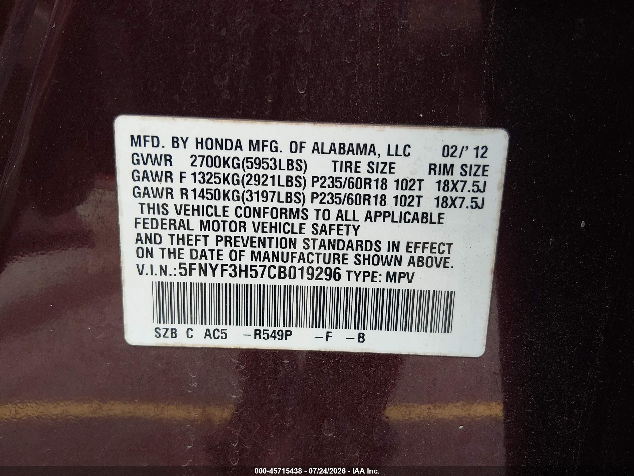 2012 Honda Pilot Ex-l Maroon vin: 5FNYF3H57CB019296