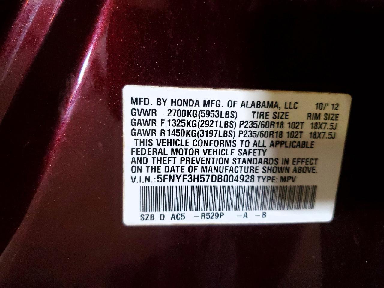 2013 Honda Pilot Exl Red vin: 5FNYF3H57DB004928