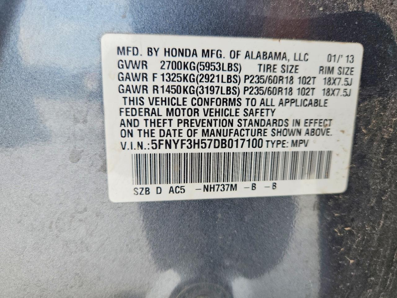 2013 Honda Pilot Exl Gray vin: 5FNYF3H57DB017100