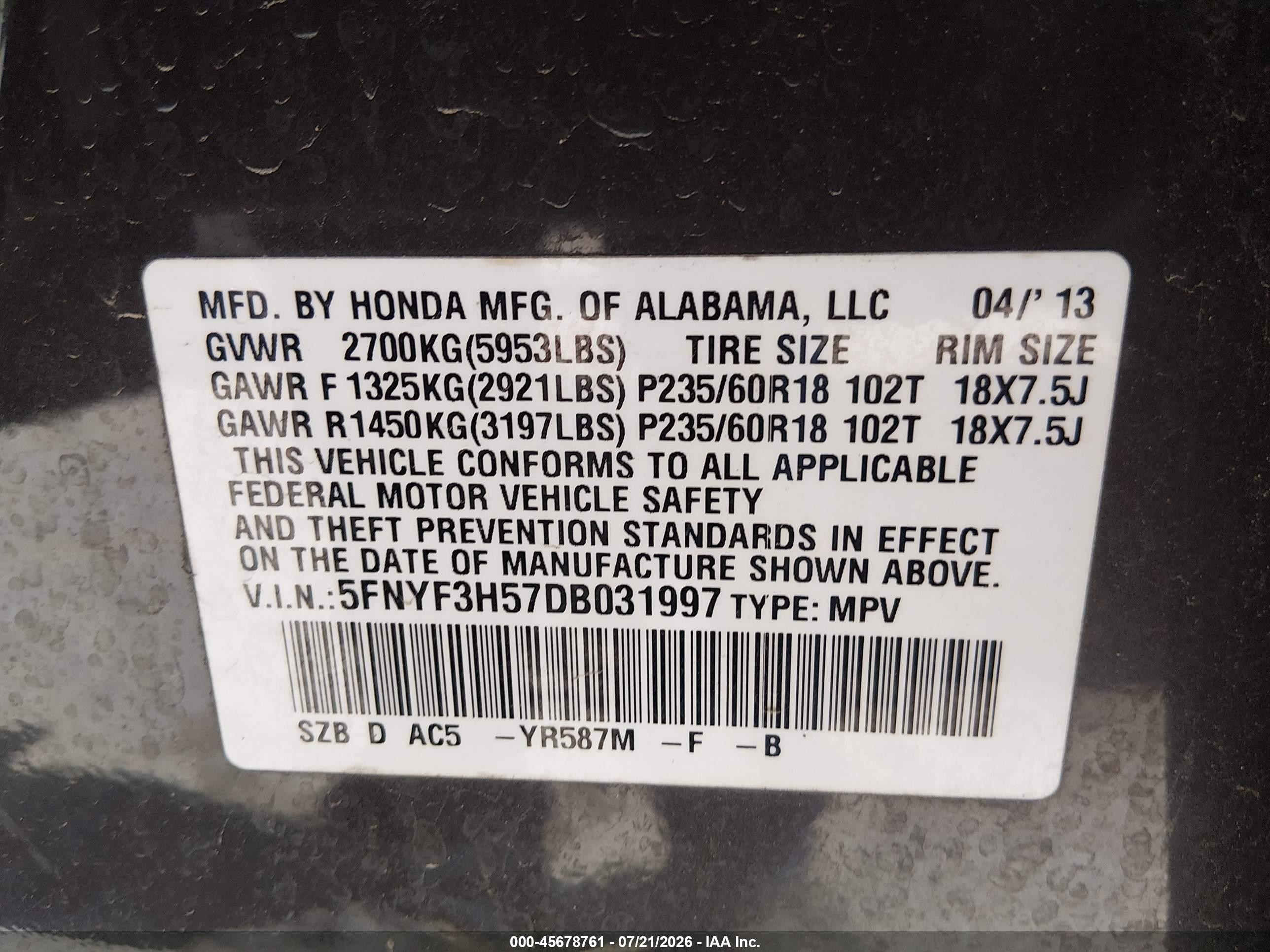 2013 Honda Pilot Ex-l Gray vin: 5FNYF3H57DB031997