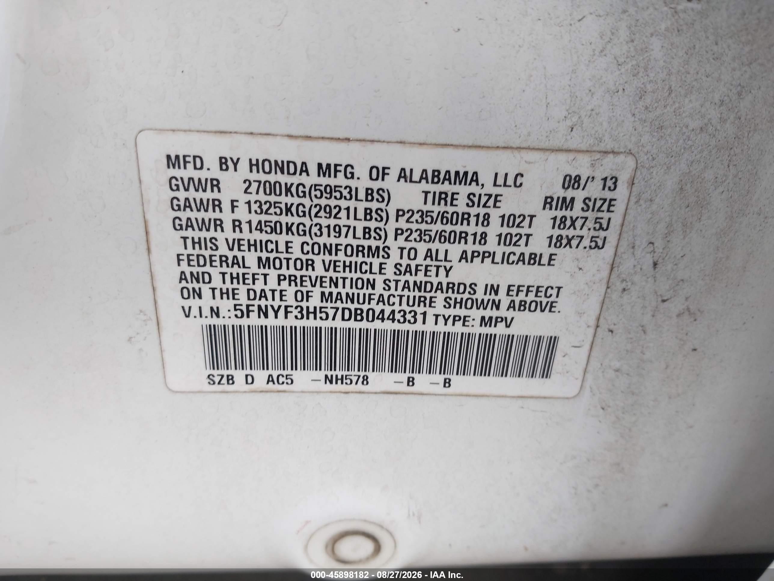 2013 Honda Pilot Ex-l Белый vin: 5FNYF3H57DB044331