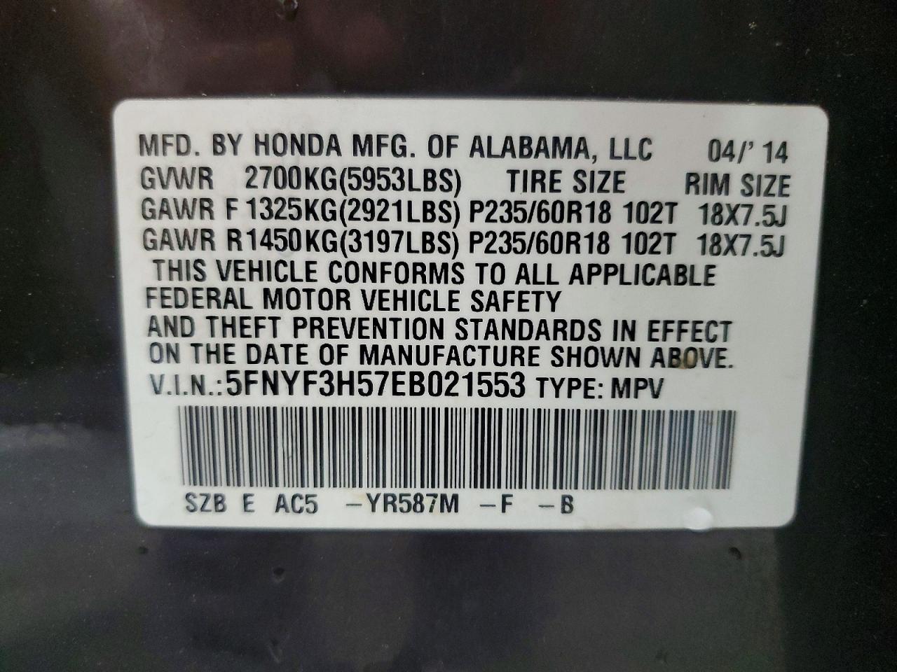 2014 Honda Pilot Exl Charcoal vin: 5FNYF3H57EB021553