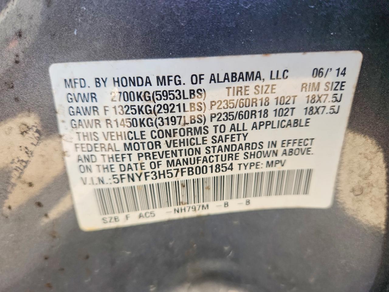 2015 Honda Pilot Exl Gray vin: 5FNYF3H57FB001854
