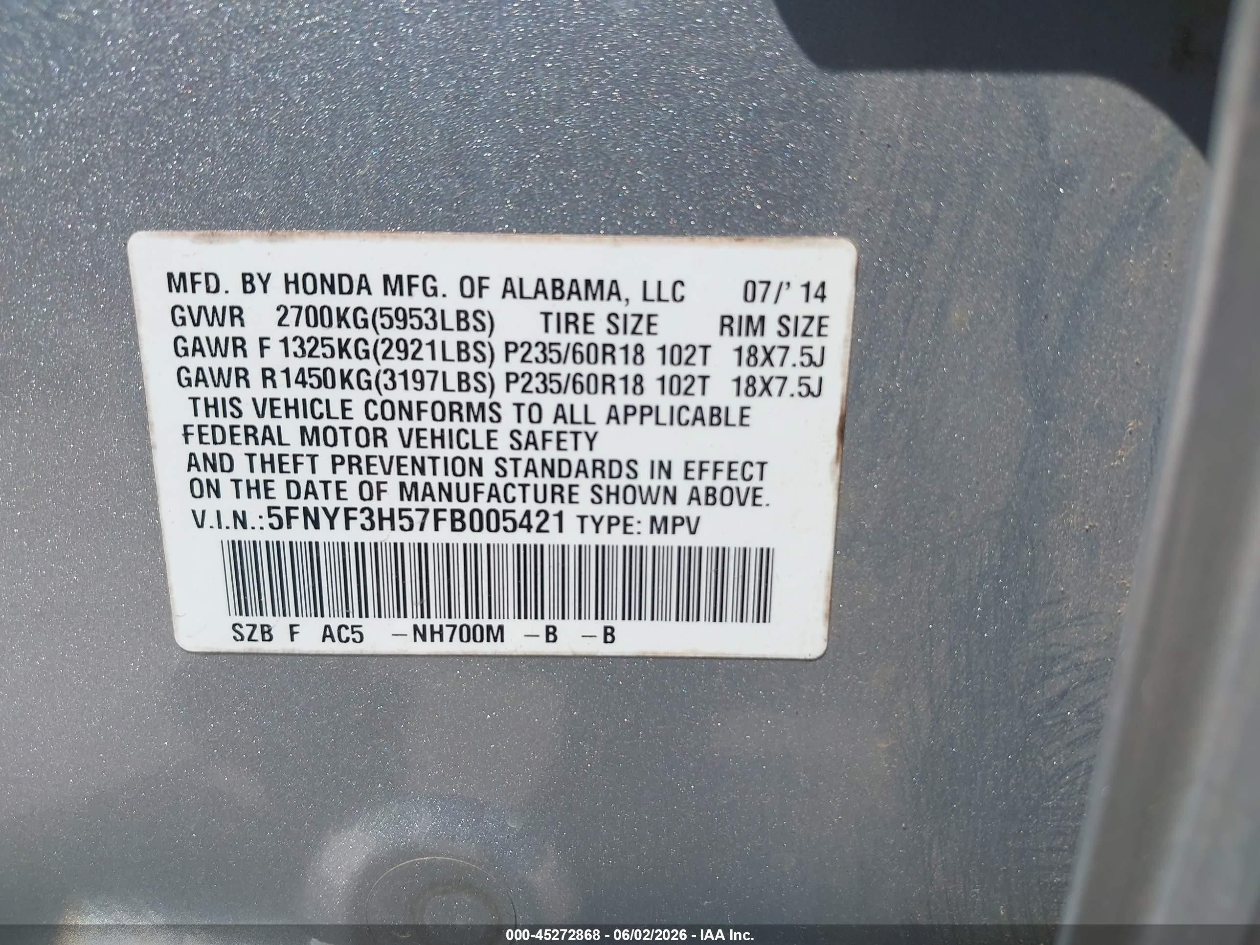 2015 Honda Pilot Ex-l Серый vin: 5FNYF3H57FB005421