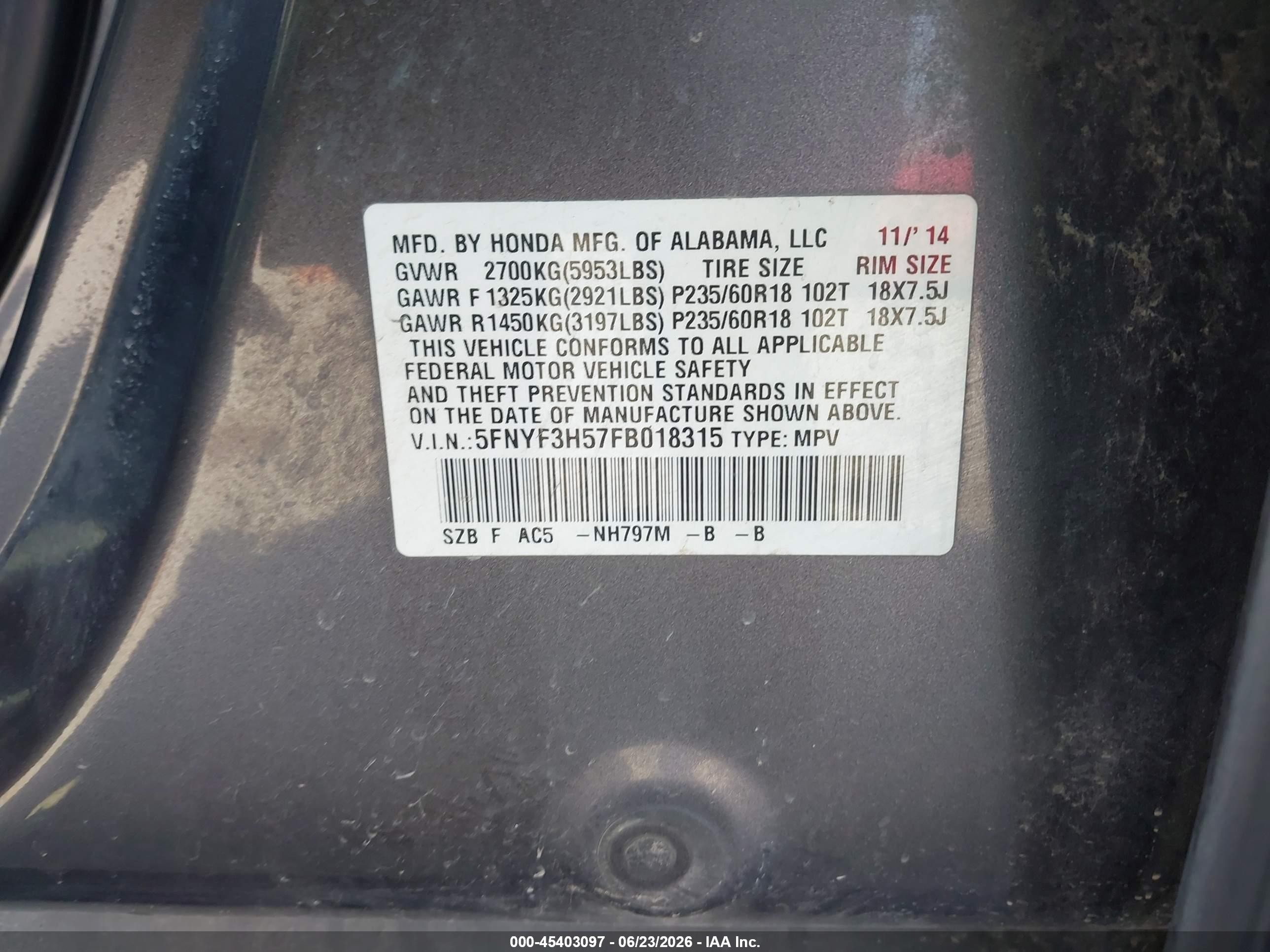 2015 Honda Pilot Ex-l Серый vin: 5FNYF3H57FB018315