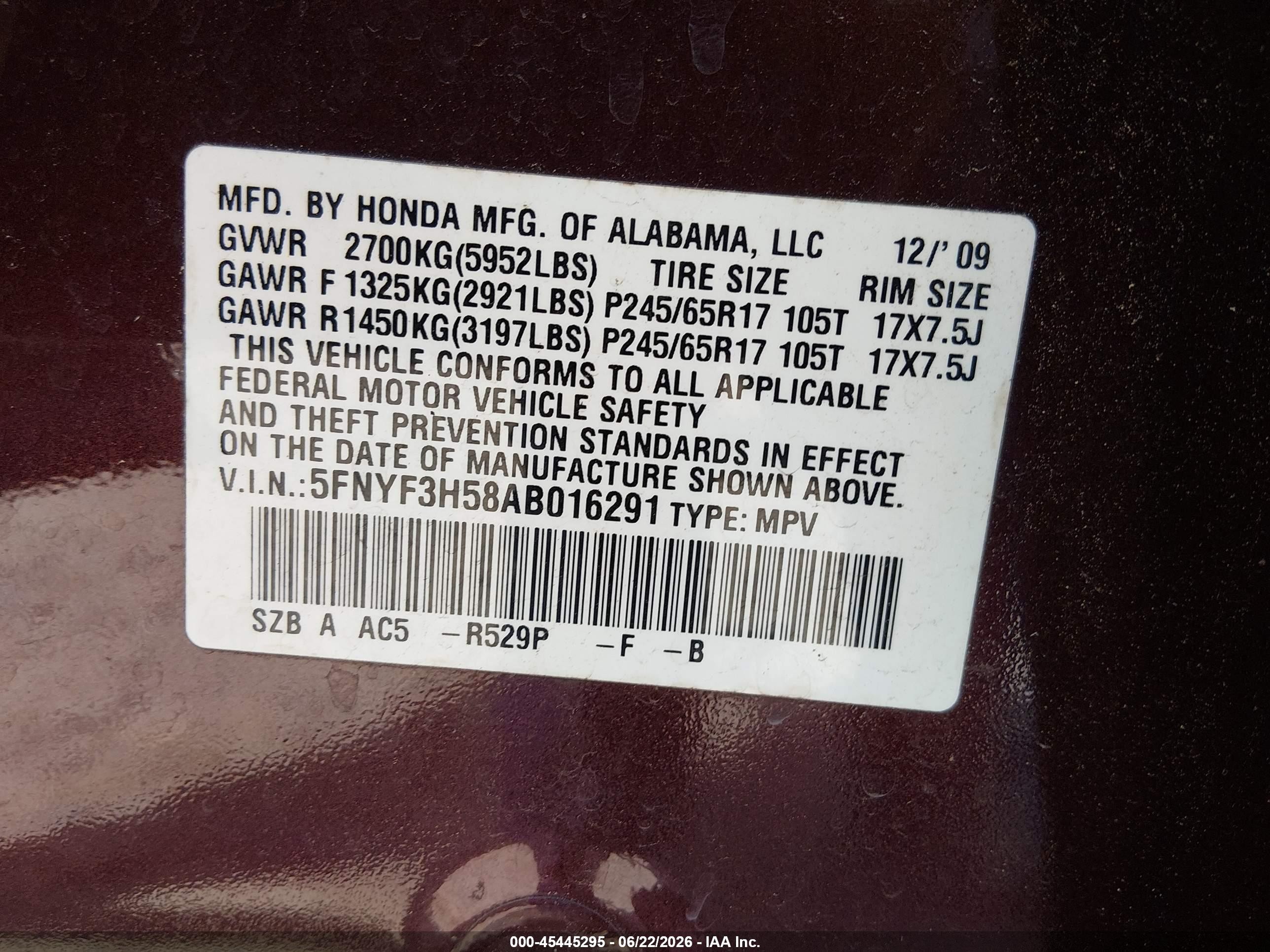 2010 Honda Pilot Ex-l Burgundy vin: 5FNYF3H58AB016291
