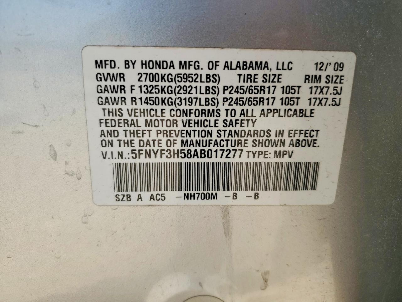 2010 Honda Pilot Exl Silver vin: 5FNYF3H58AB017277