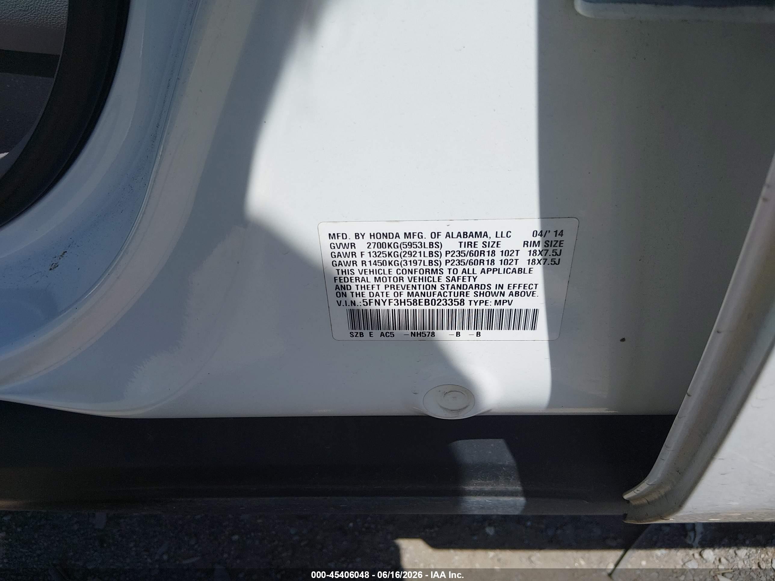 2014 Honda Pilot Ex-l White vin: 5FNYF3H58EB023358