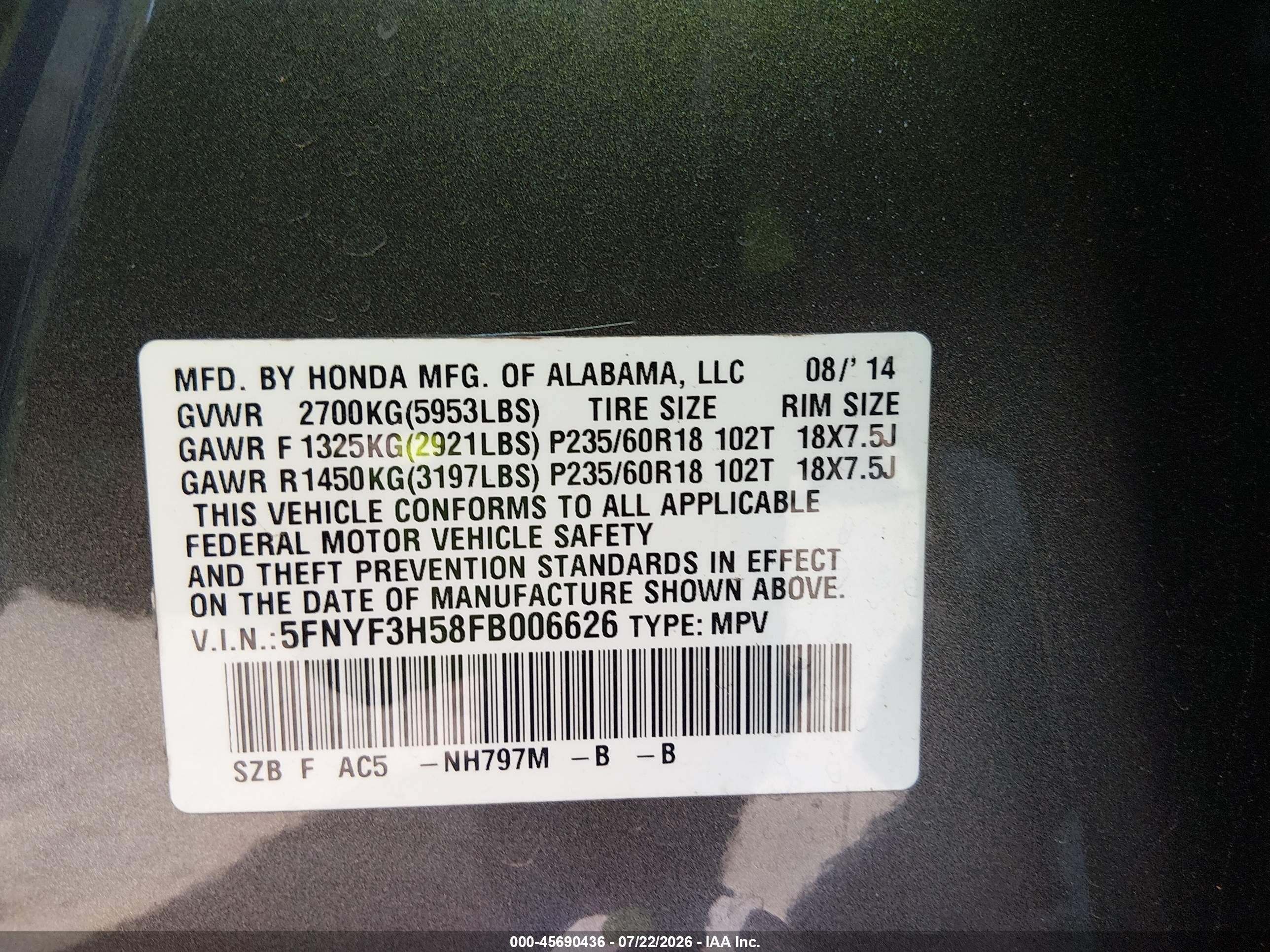 2015 Honda Pilot Ex-l Gray vin: 5FNYF3H58FB006626