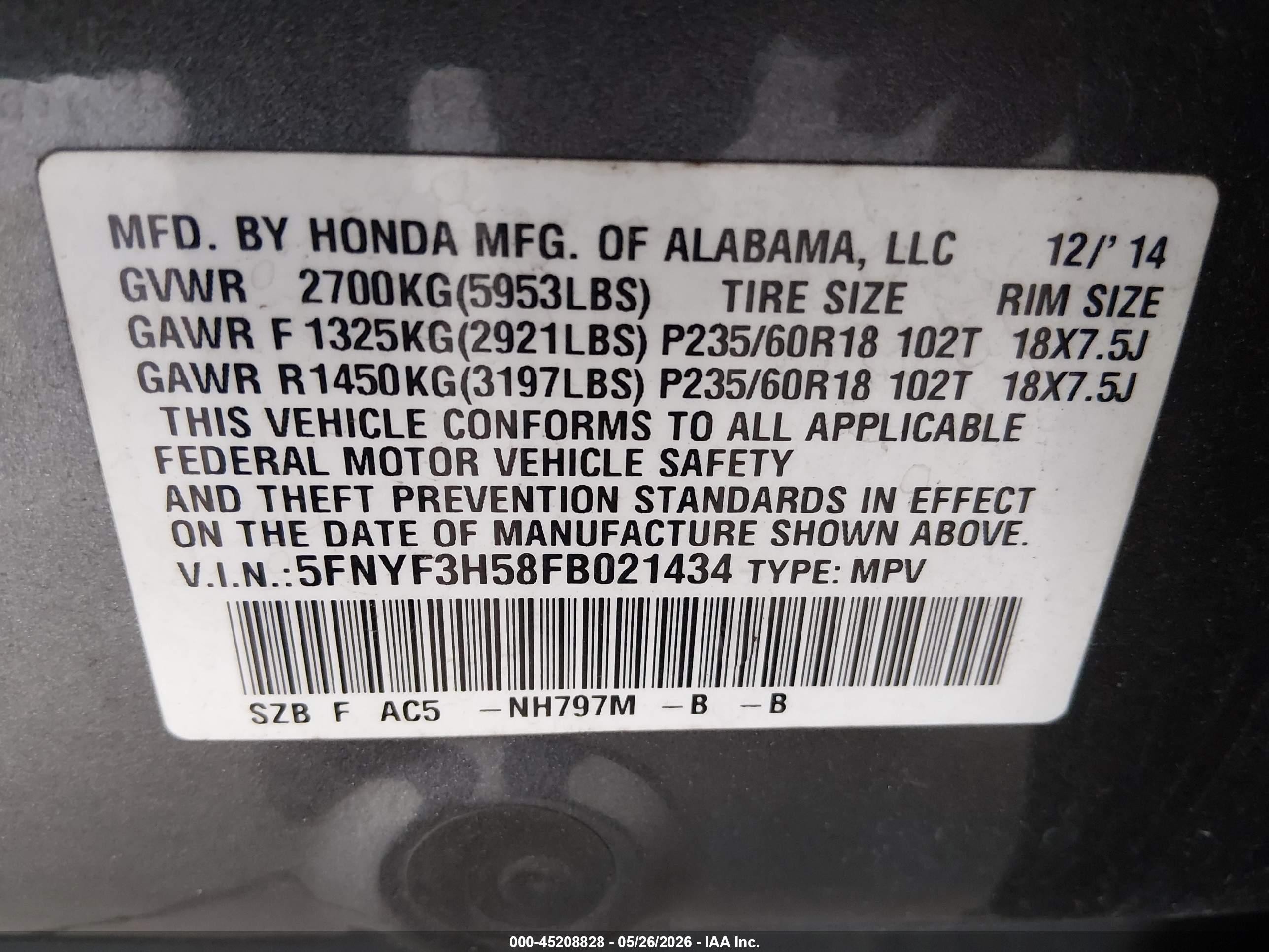 2015 Honda Pilot Ex-l Gray vin: 5FNYF3H58FB021434