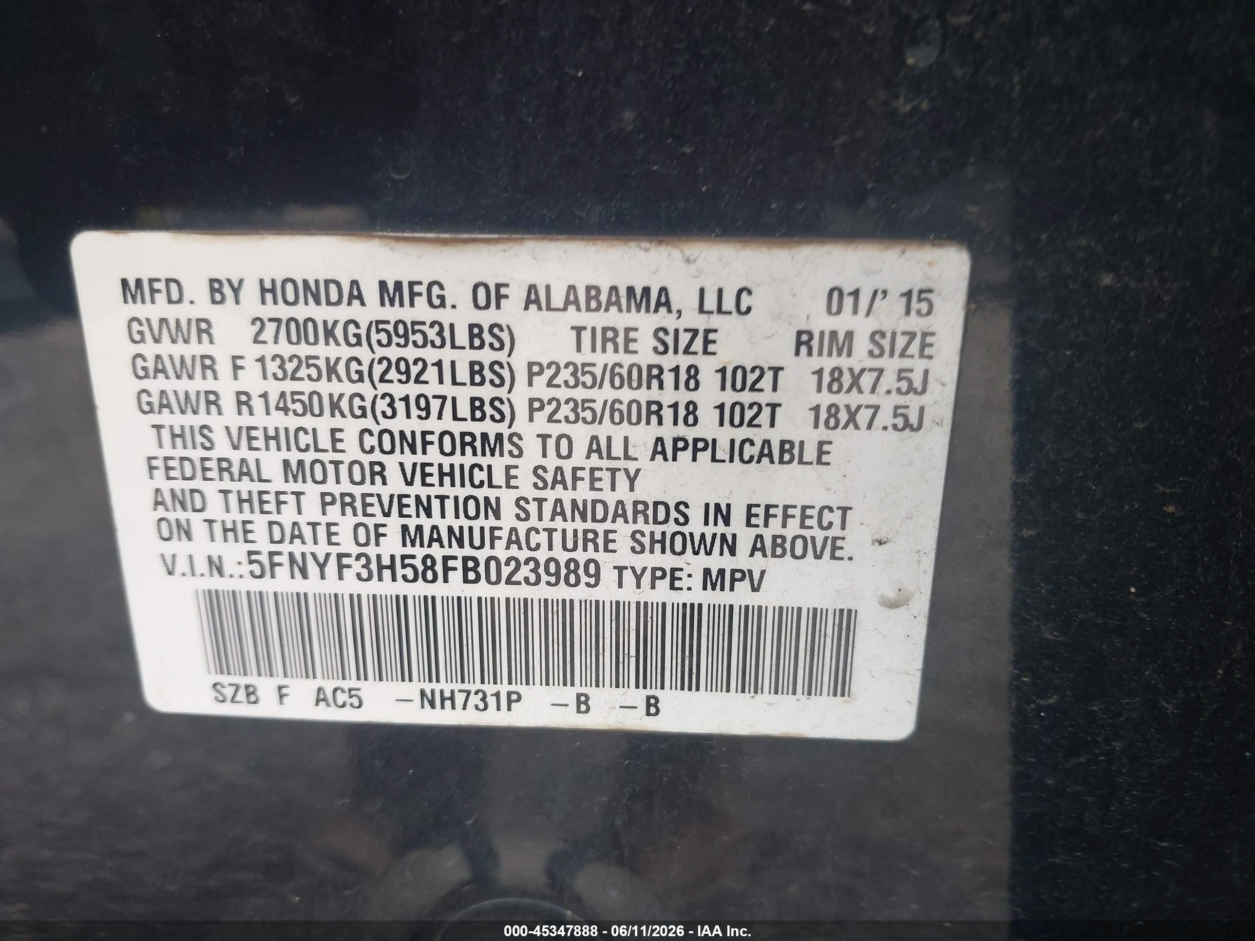 2015 Honda Pilot Ex-l Black vin: 5FNYF3H58FB023989