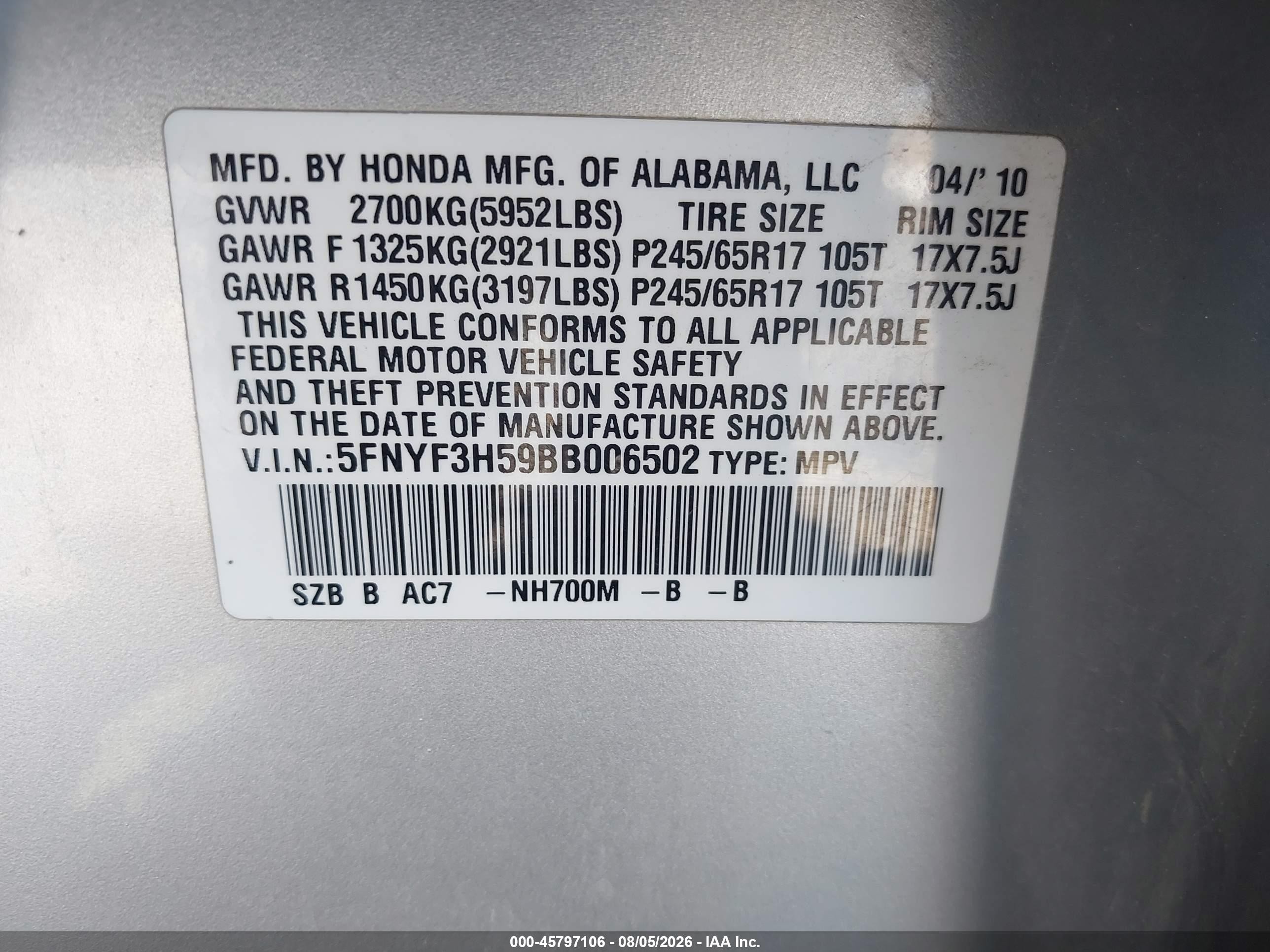 2011 Honda Pilot Ex-l Silver vin: 5FNYF3H59BB006502
