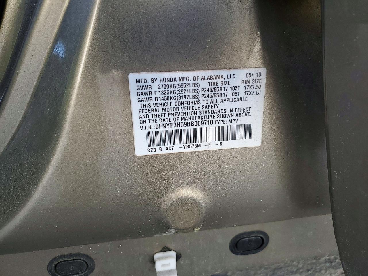 2011 Honda Pilot Exl Tan vin: 5FNYF3H59BB009710