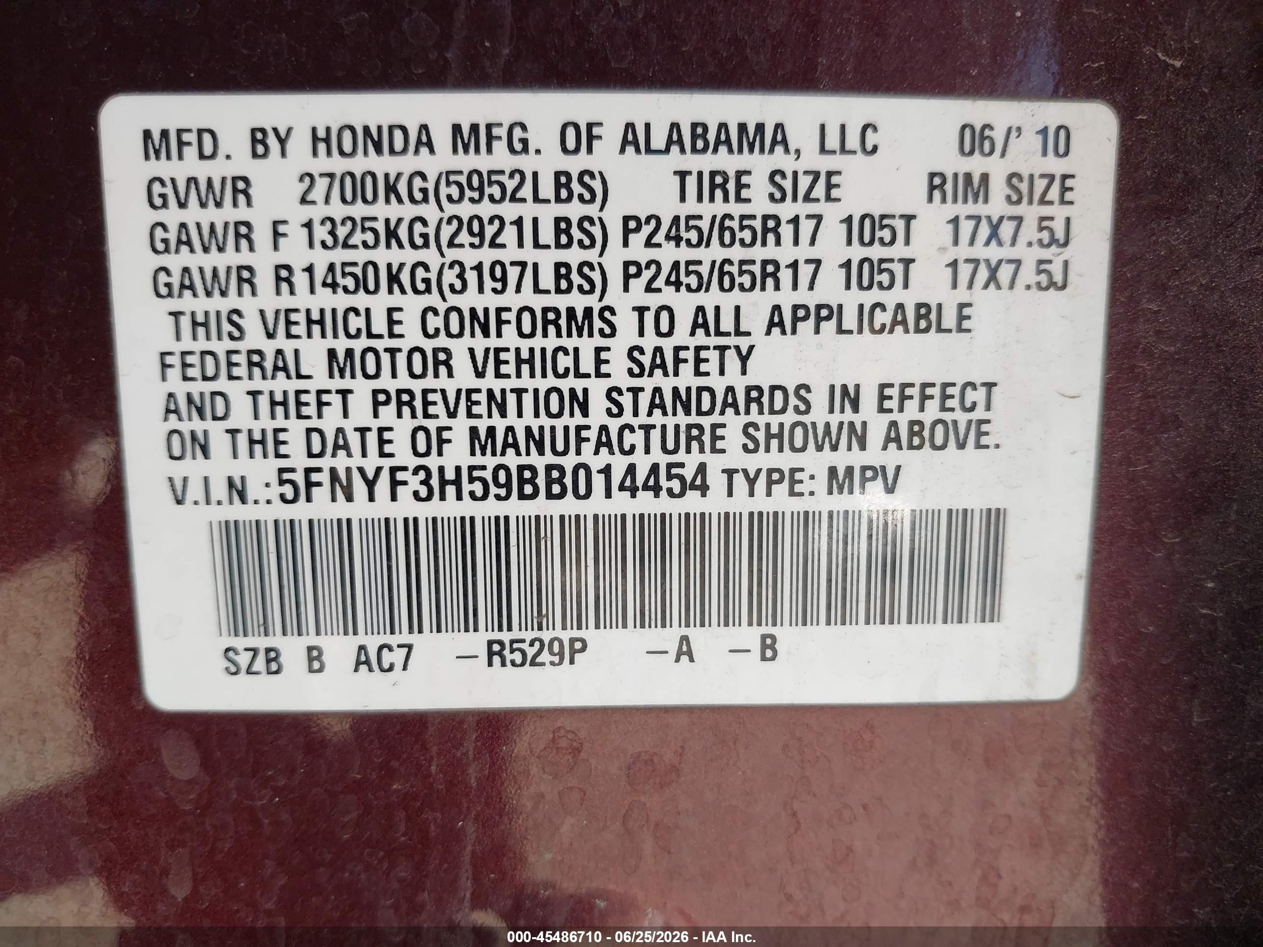 2011 Honda Pilot Ex-l Burgundy vin: 5FNYF3H59BB014454
