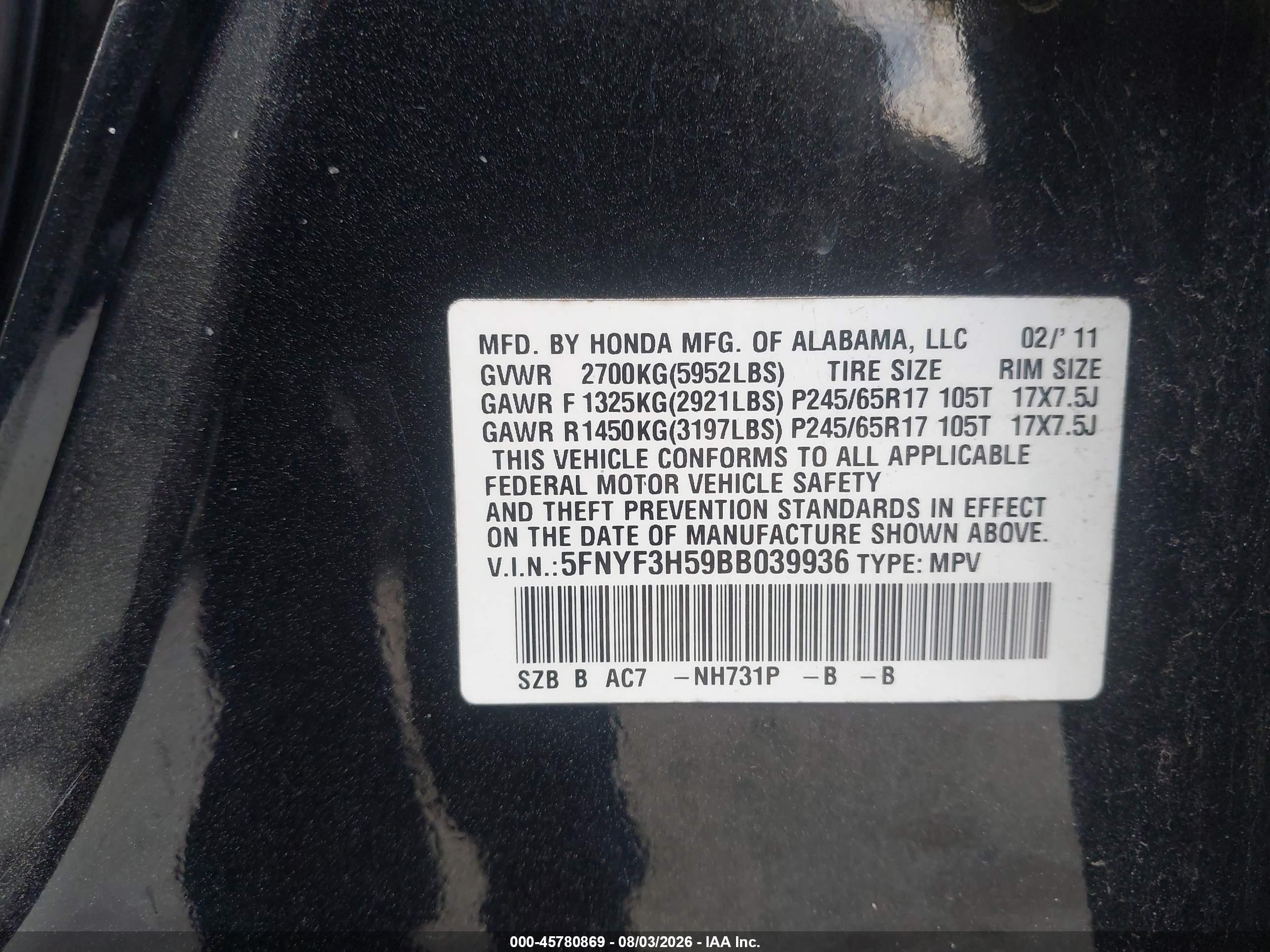 2011 Honda Pilot Ex-l Black vin: 5FNYF3H59BB039936