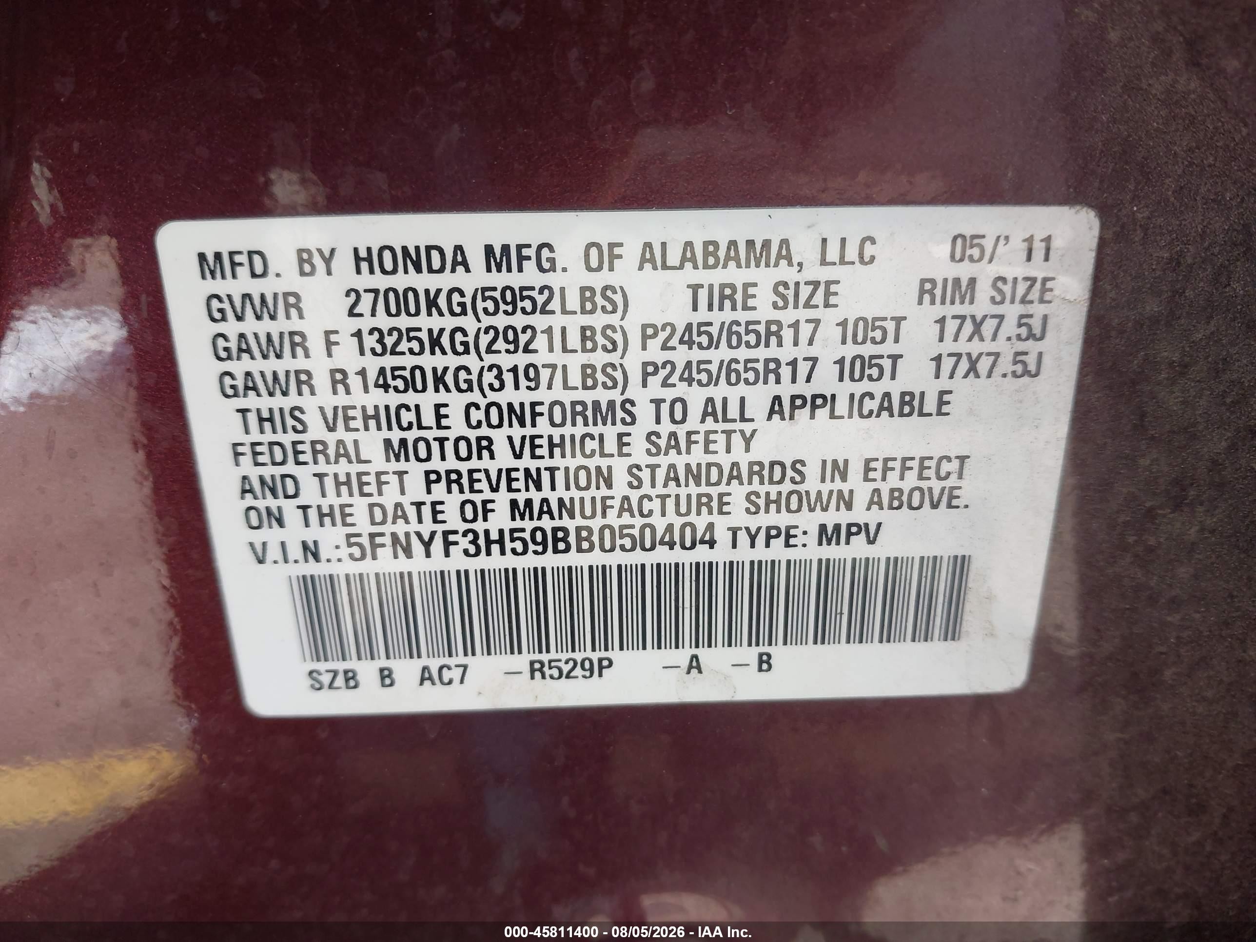 2011 Honda Pilot Ex-l Maroon vin: 5FNYF3H59BB050404