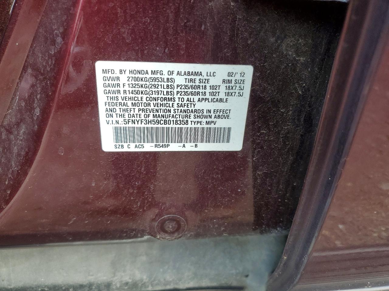 2012 Honda Pilot Exl Burgundy vin: 5FNYF3H59CB018358