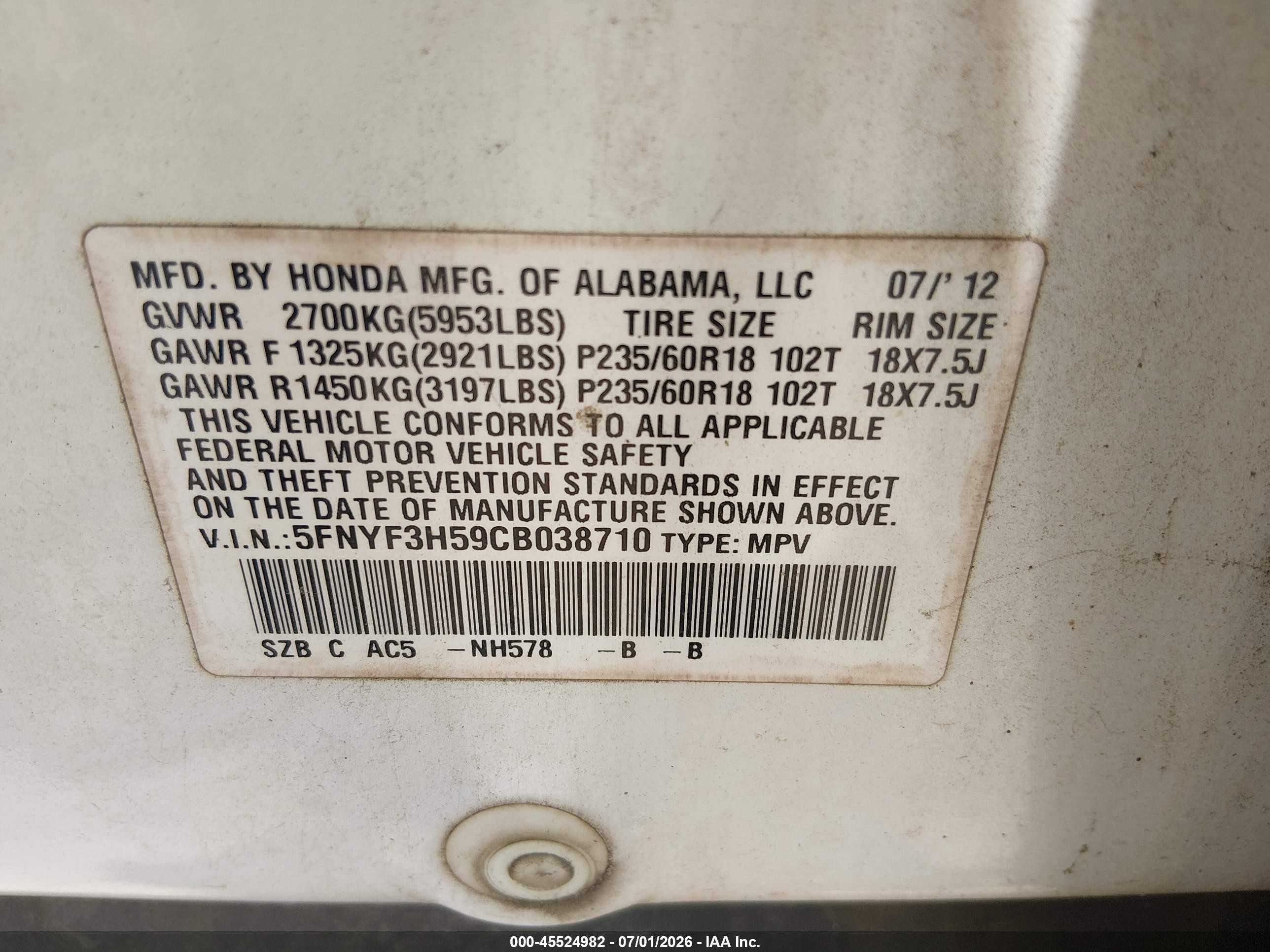 2012 Honda Pilot Ex-l Белый vin: 5FNYF3H59CB038710