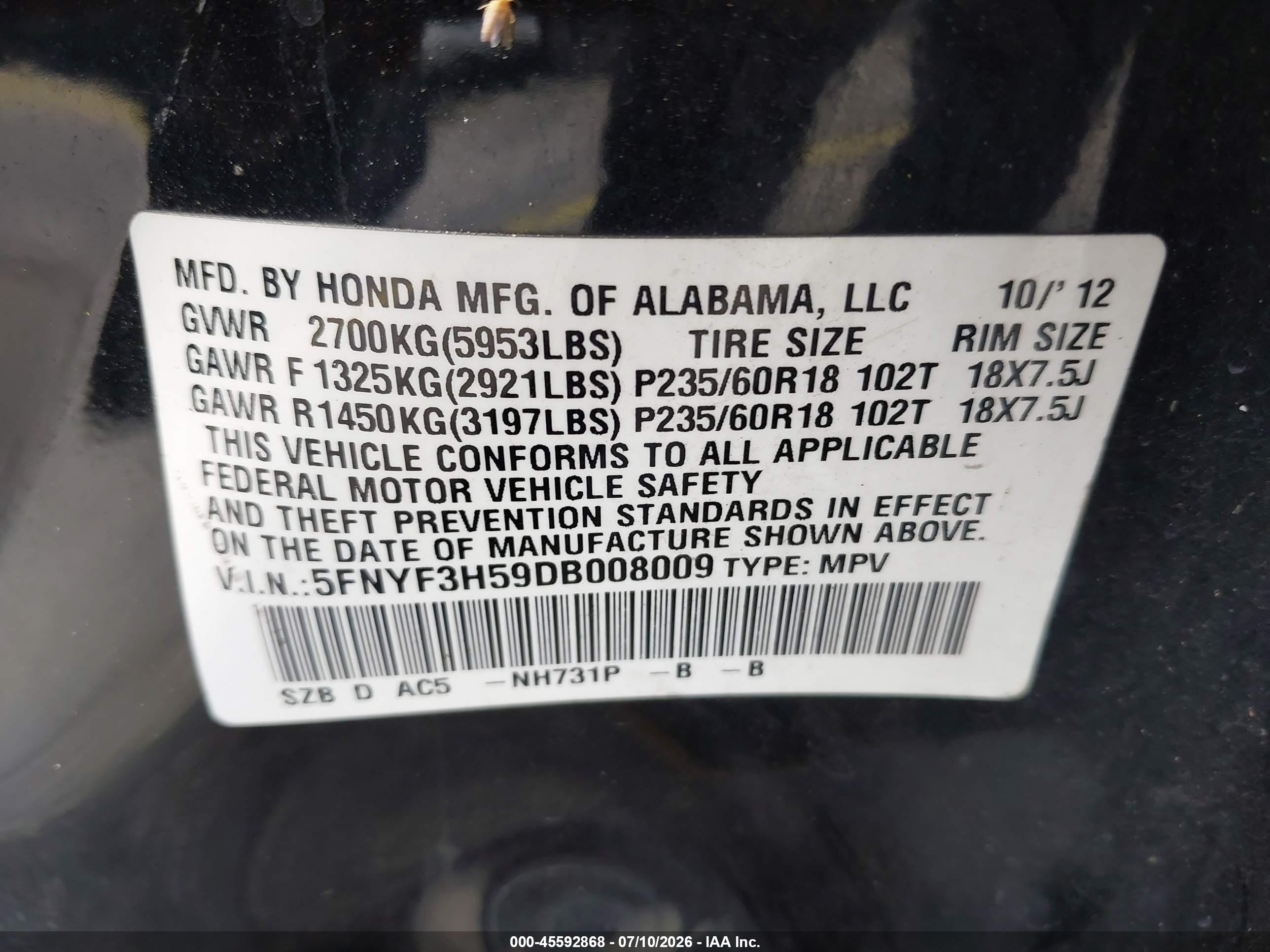 2013 Honda Pilot Ex-l Black vin: 5FNYF3H59DB008009