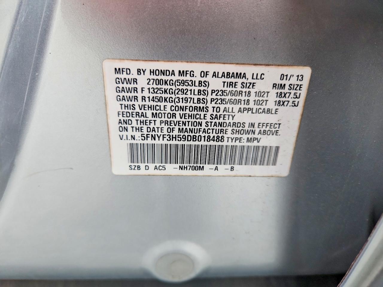 2013 Honda Pilot Exl Серебряный vin: 5FNYF3H59DB018488
