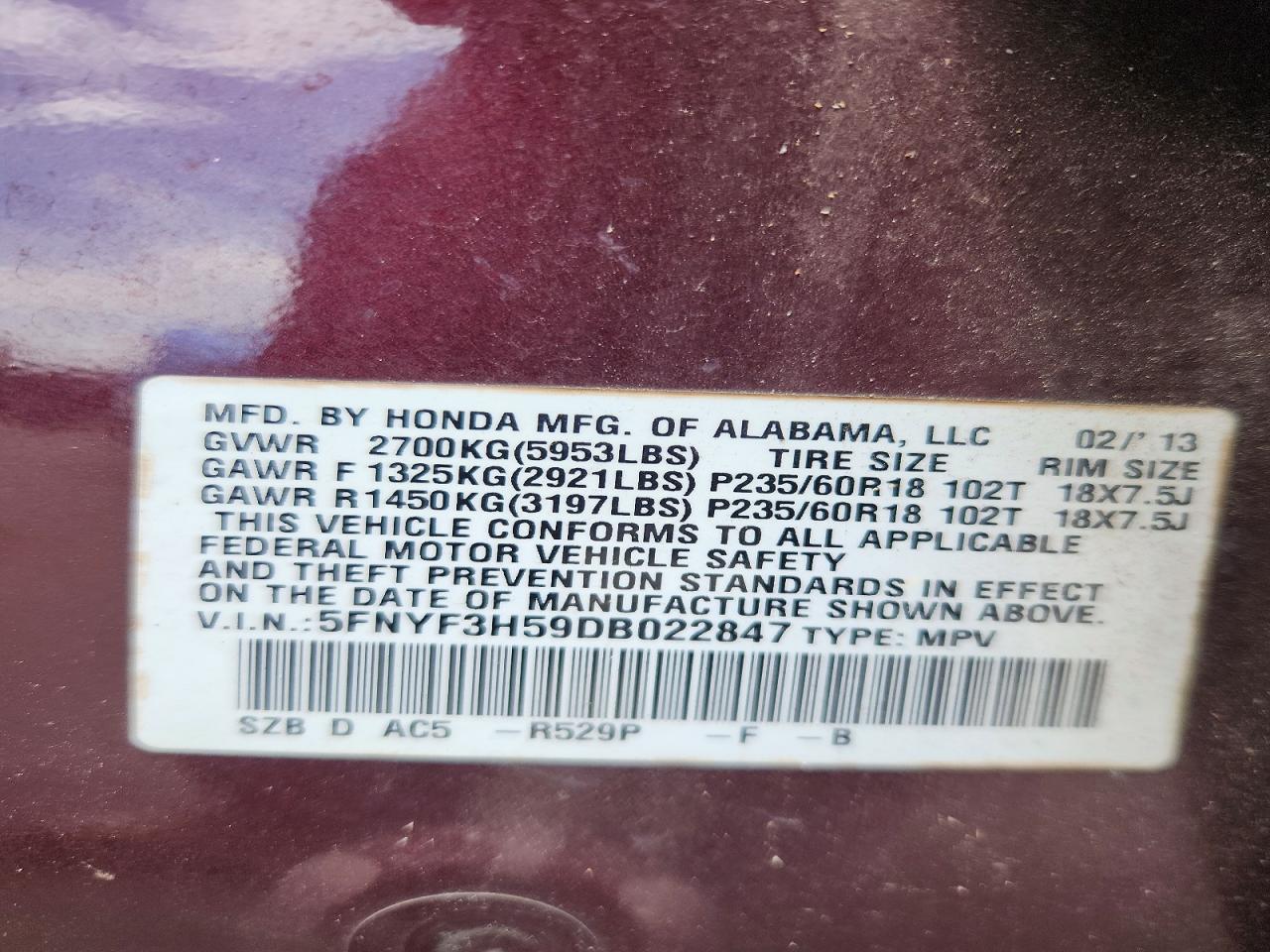 2013 Honda Pilot Exl Burgundy vin: 5FNYF3H59DB022847