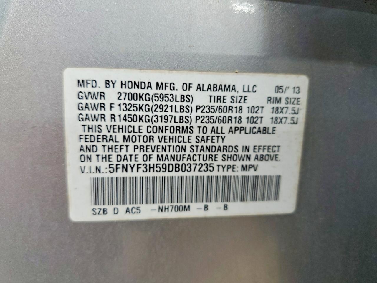 2013 Honda Pilot Exl Silver vin: 5FNYF3H59DB037235
