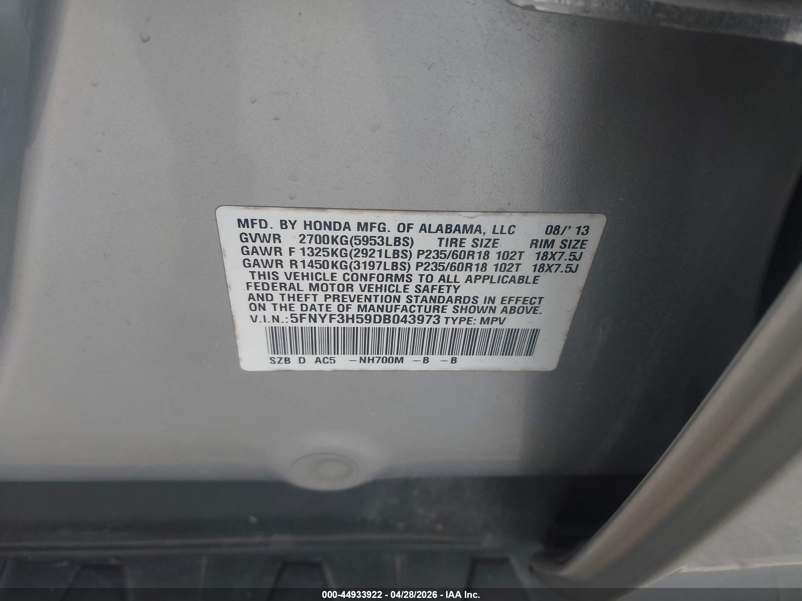 2013 Honda Pilot Ex-l Silver vin: 5FNYF3H59DB043973