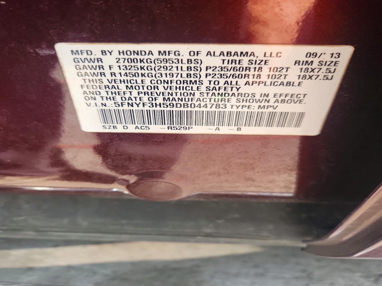 2013 Honda Pilot Exl Burgundy vin: 5FNYF3H59DB044783