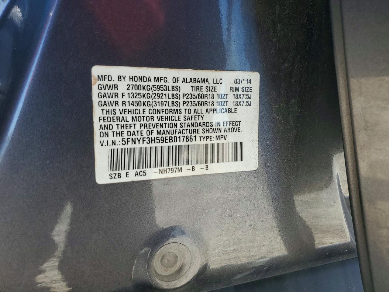 2014 Honda Pilot Exl Серый vin: 5FNYF3H59EB017861