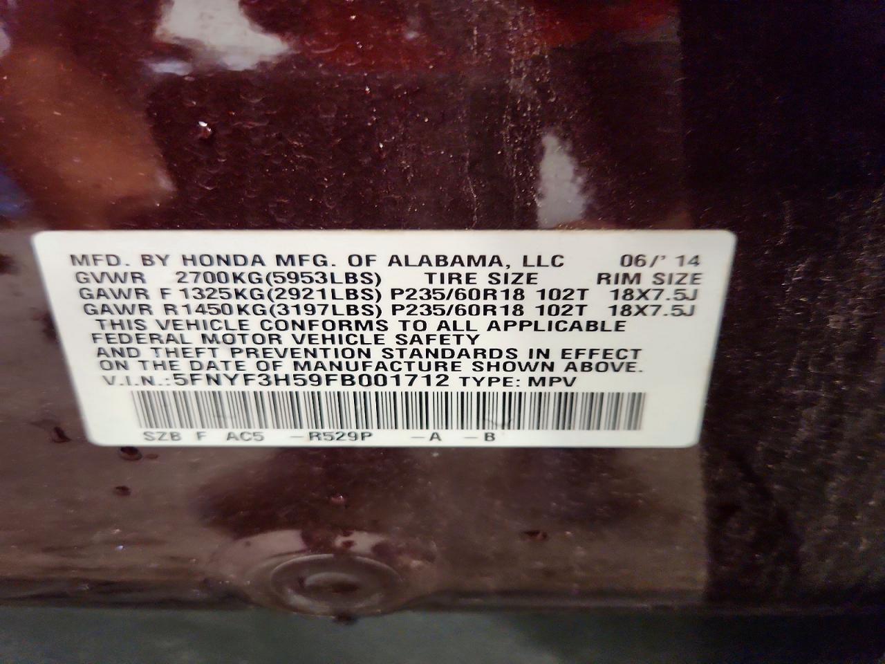 2015 Honda Pilot Exl Maroon vin: 5FNYF3H59FB001712
