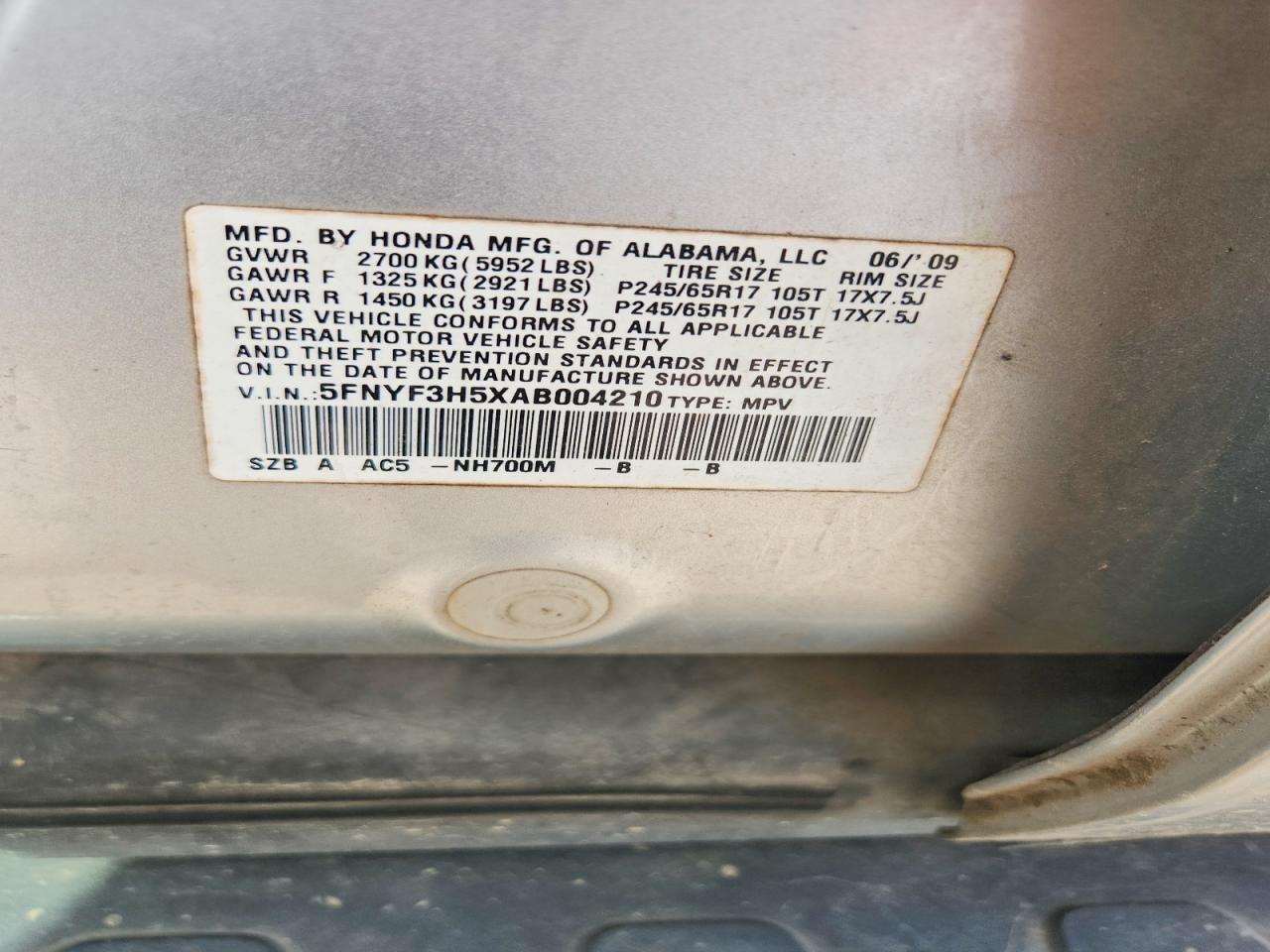 2010 Honda Pilot Exl Silver vin: 5FNYF3H5XAB004210