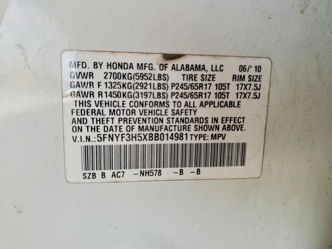 2011 Honda Pilot Exl White vin: 5FNYF3H5XBB014981