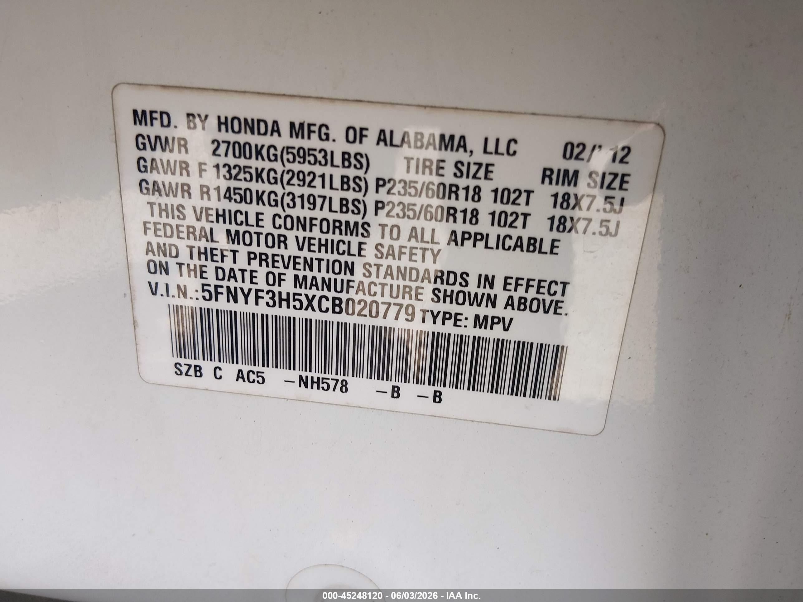 2012 Honda Pilot Ex-l White vin: 5FNYF3H5XCB020779