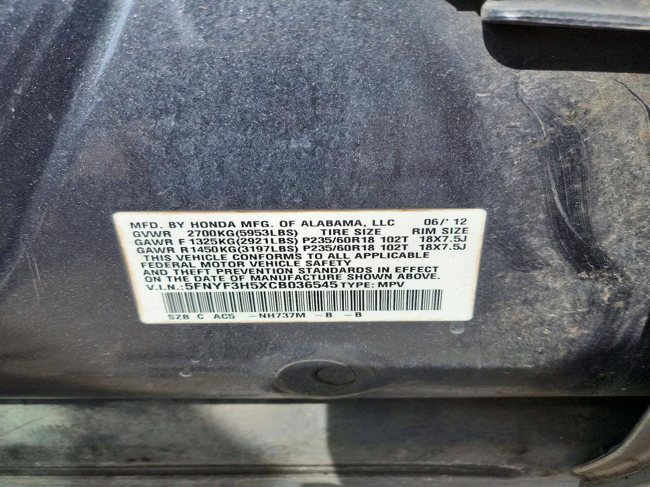 2012 Honda Pilot Exl Gray vin: 5FNYF3H5XCB036545