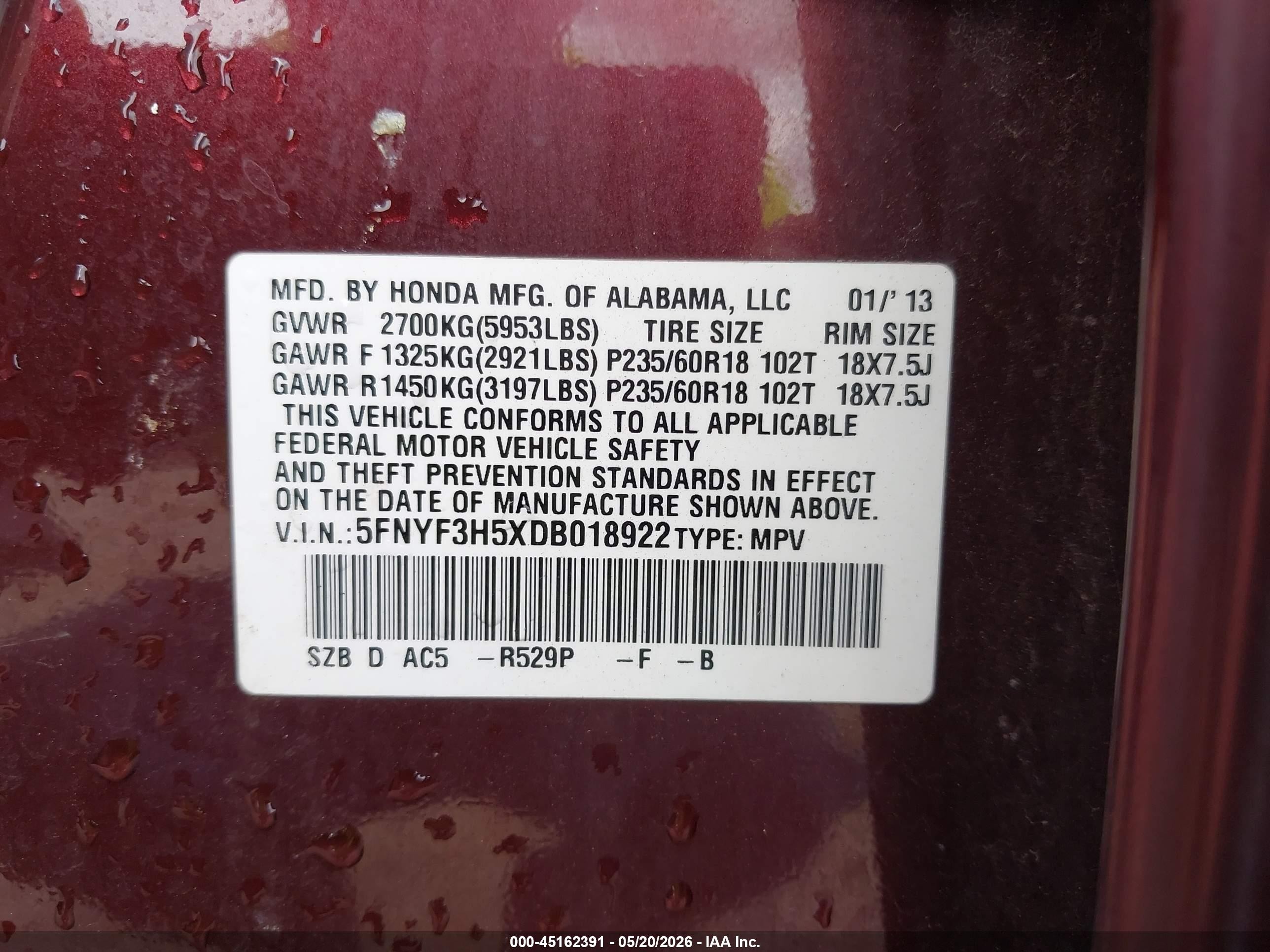 2013 Honda Pilot Ex-l Burgundy vin: 5FNYF3H5XDB018922