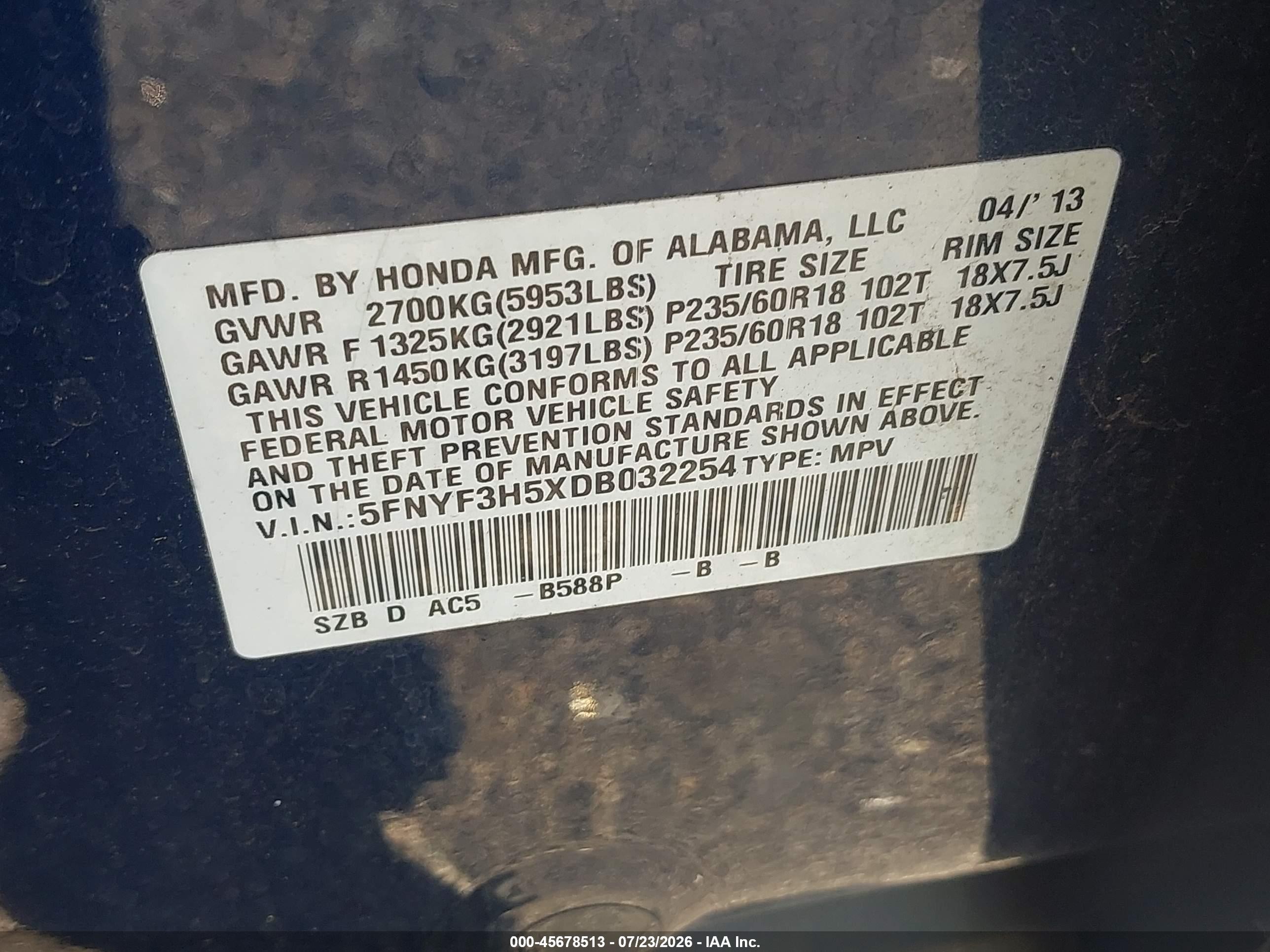 2013 Honda Pilot Ex-l Blue vin: 5FNYF3H5XDB032254