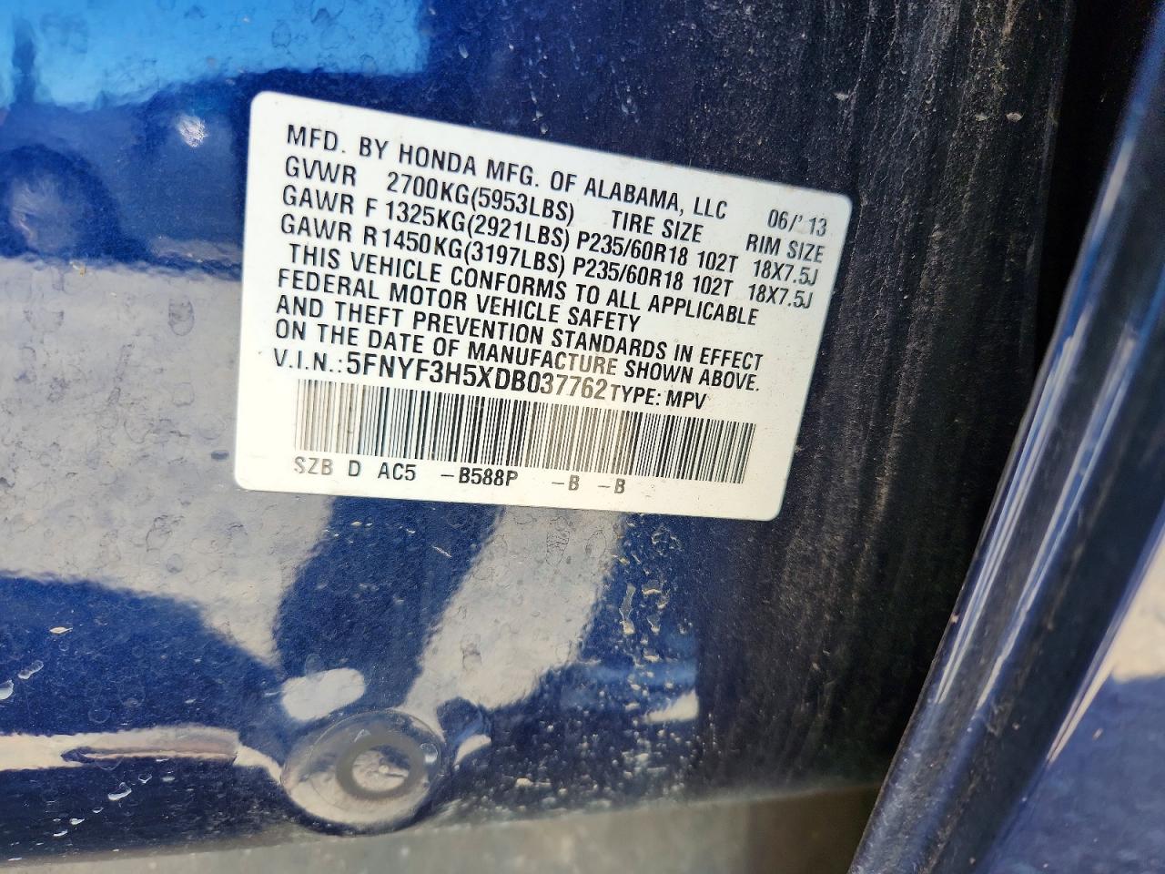 2013 Honda Pilot Exl Blue vin: 5FNYF3H5XDB037762
