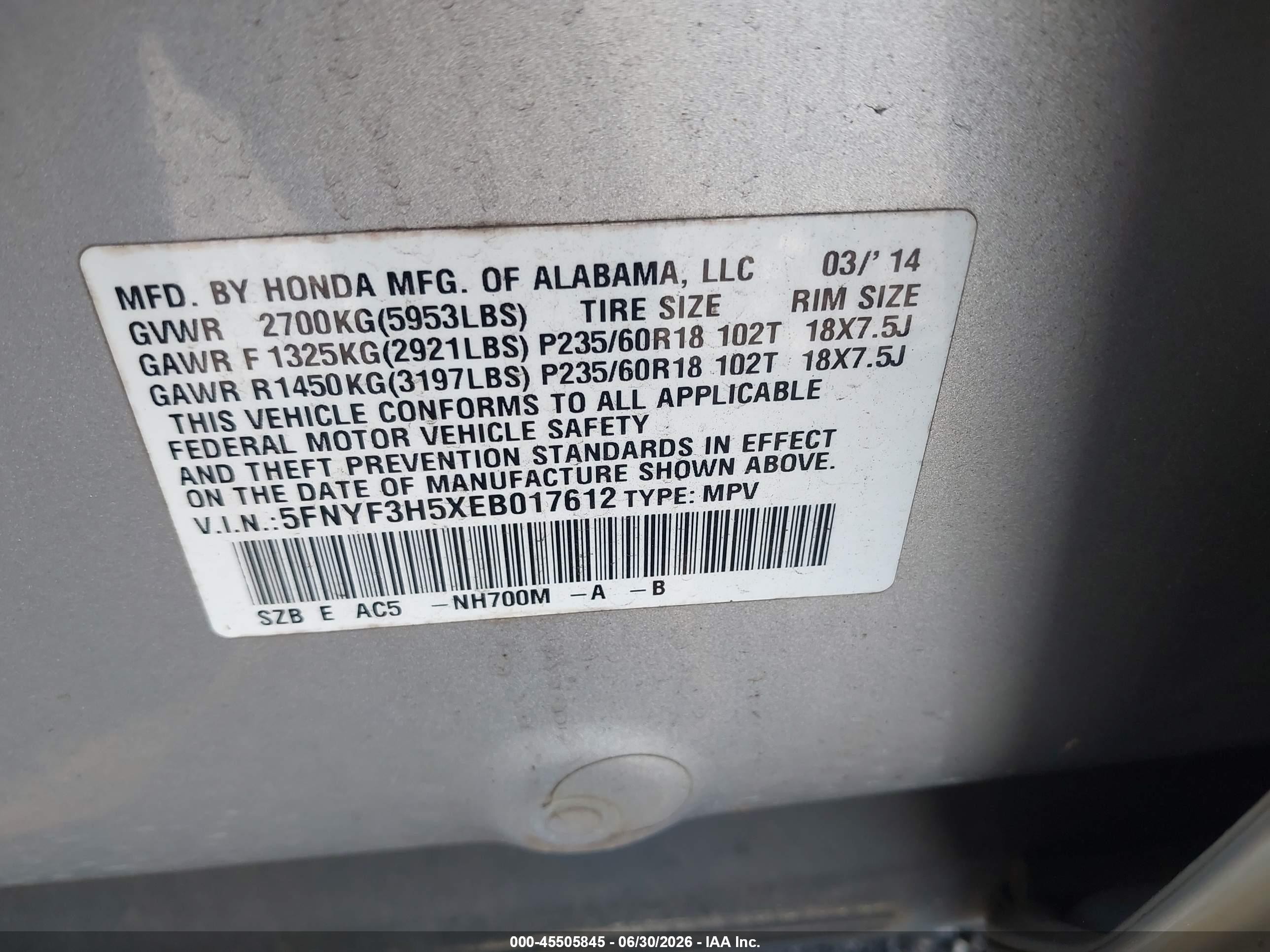 2014 Honda Pilot Ex-l Silver vin: 5FNYF3H5XEB017612
